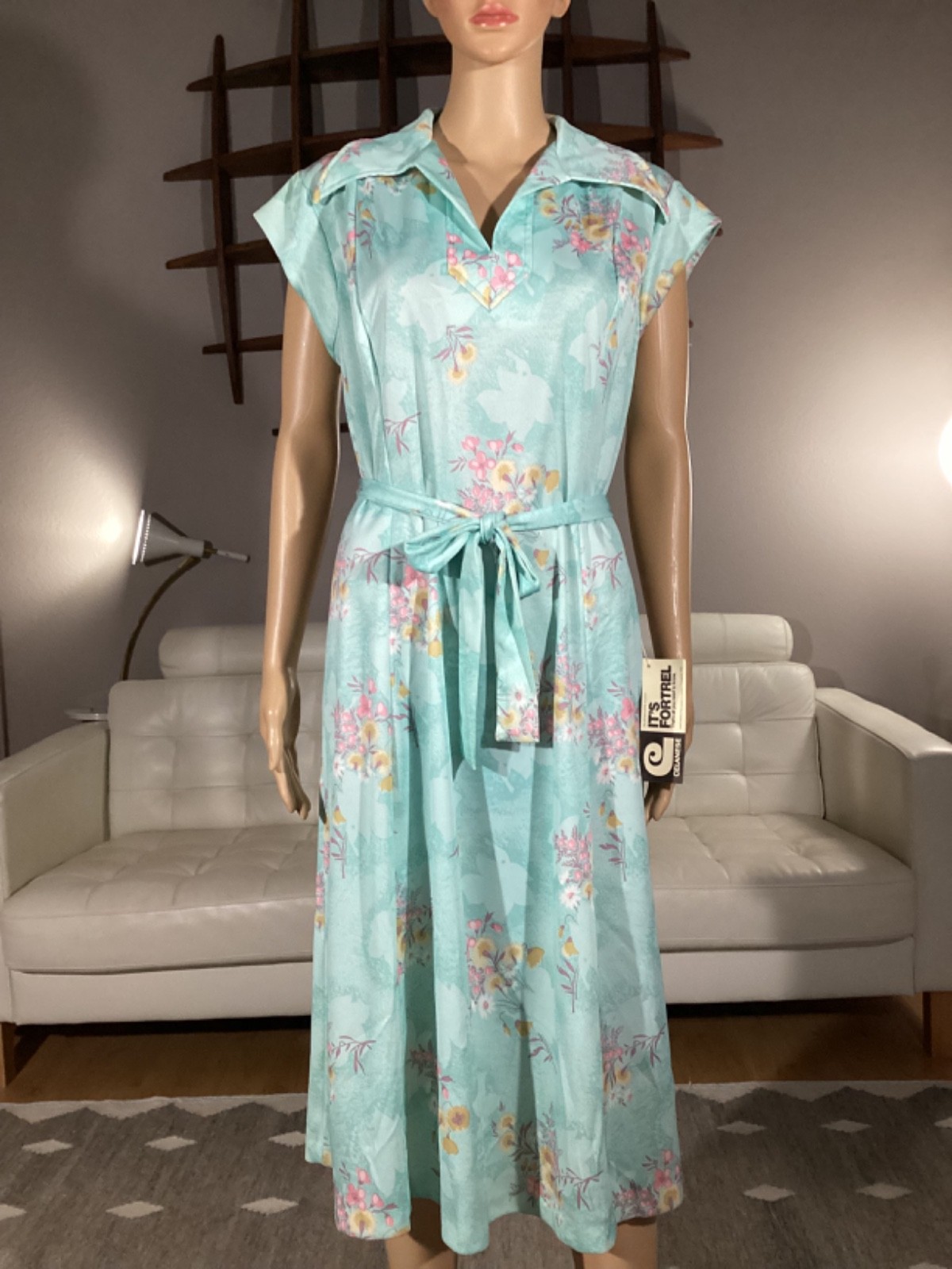 Vintage Deadstock 1970s Celanese Fortrel Floral Belted Spring Summer Dress L XL