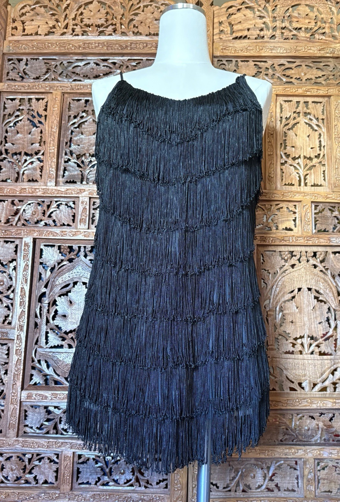 Vintage 1970s Black Fringe Micro Mini Dress Flapper Disco Gatsby 70s Does 20s S