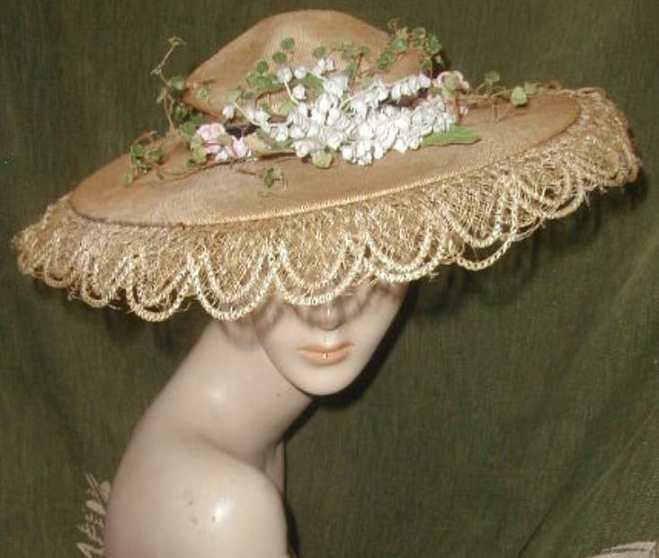 1950’s Wide Brim Lacey Straw Saucer w Lily of the Valley Flowers Hattie Carnegie