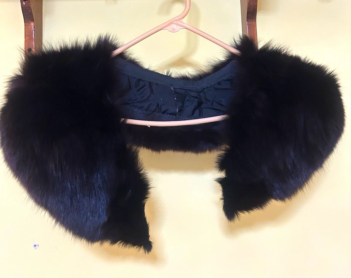 Vintage Black Fur Collar Stole Wrap with Satin Lining, Eveningwear
