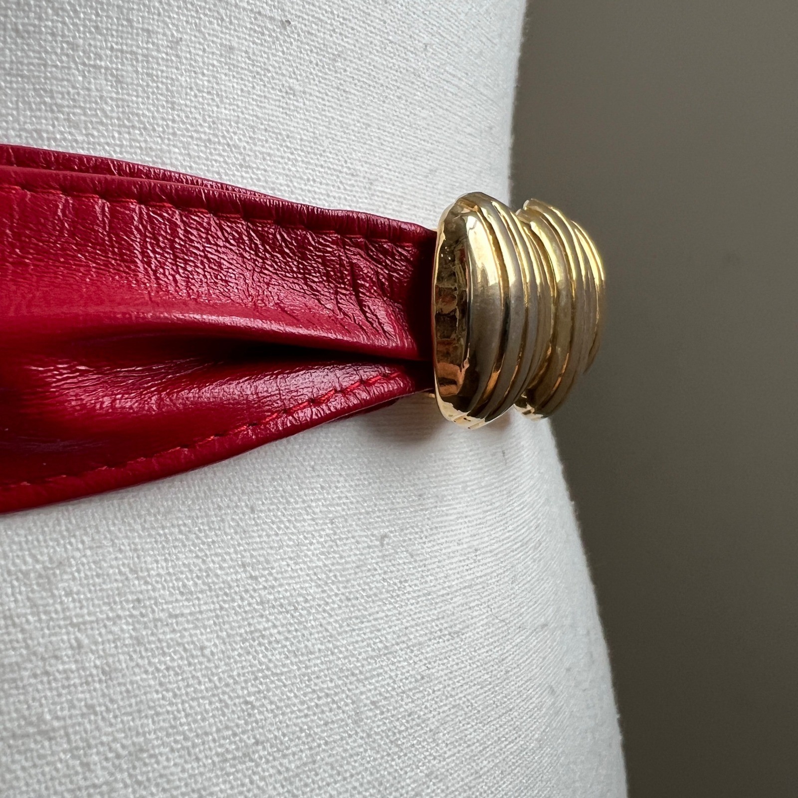 Vintage 80s Belt Cherry Red Leather Gold Buckle Cinch Waist Retro Statement Glam