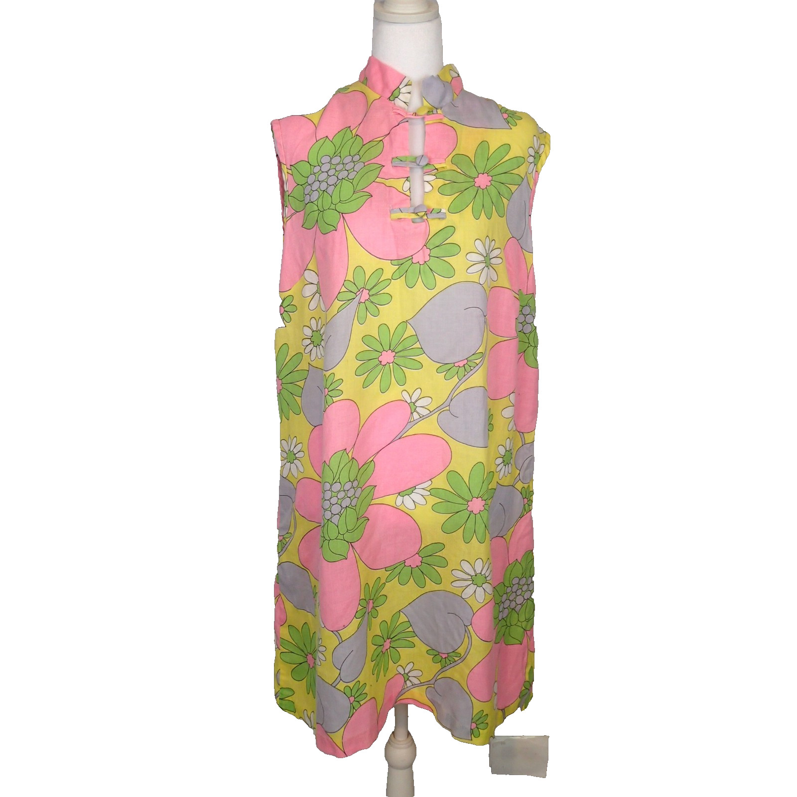 vtg 1960’s Dress Shift Mod Sleeveless Bright Floral yellow Pink green m/l