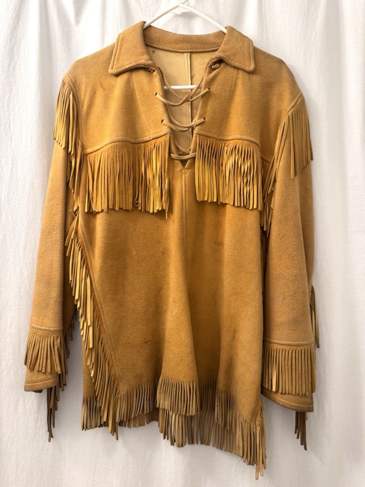 Vintage Fringe Lace-up Faux Suede Top Shirt Tunic XS S Tan Hippie Festival Boone
