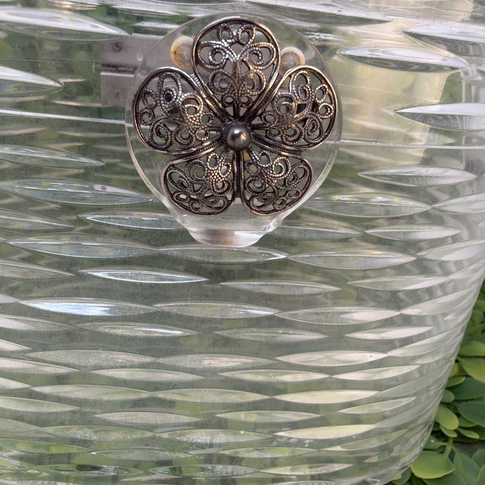 Vintage WILARDY Clear Lucite Purse Handbag With Strap Flower Handle 7″