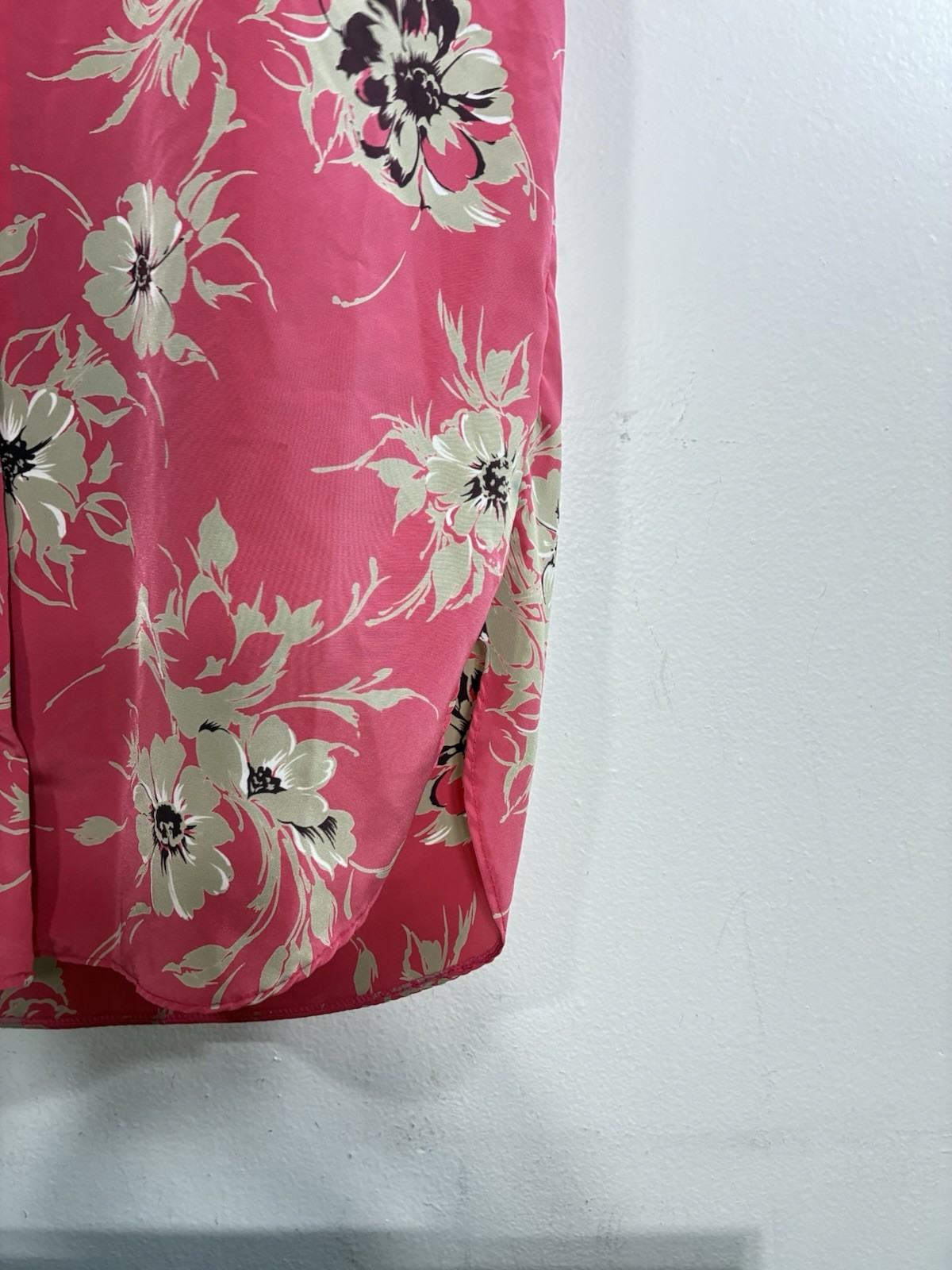 Vintage Silky Shirt Dress Size 14 Pink Floral Roll Tab Sleeves Made In Britain