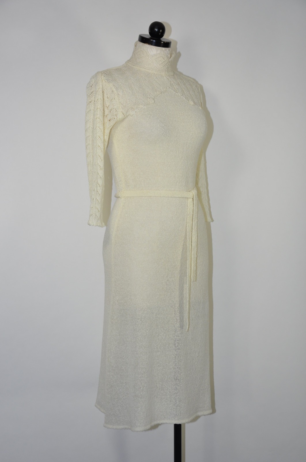 70s Vintage Cream Off White Pointelle Knit High Neck Pearl Sweater Dress Women M