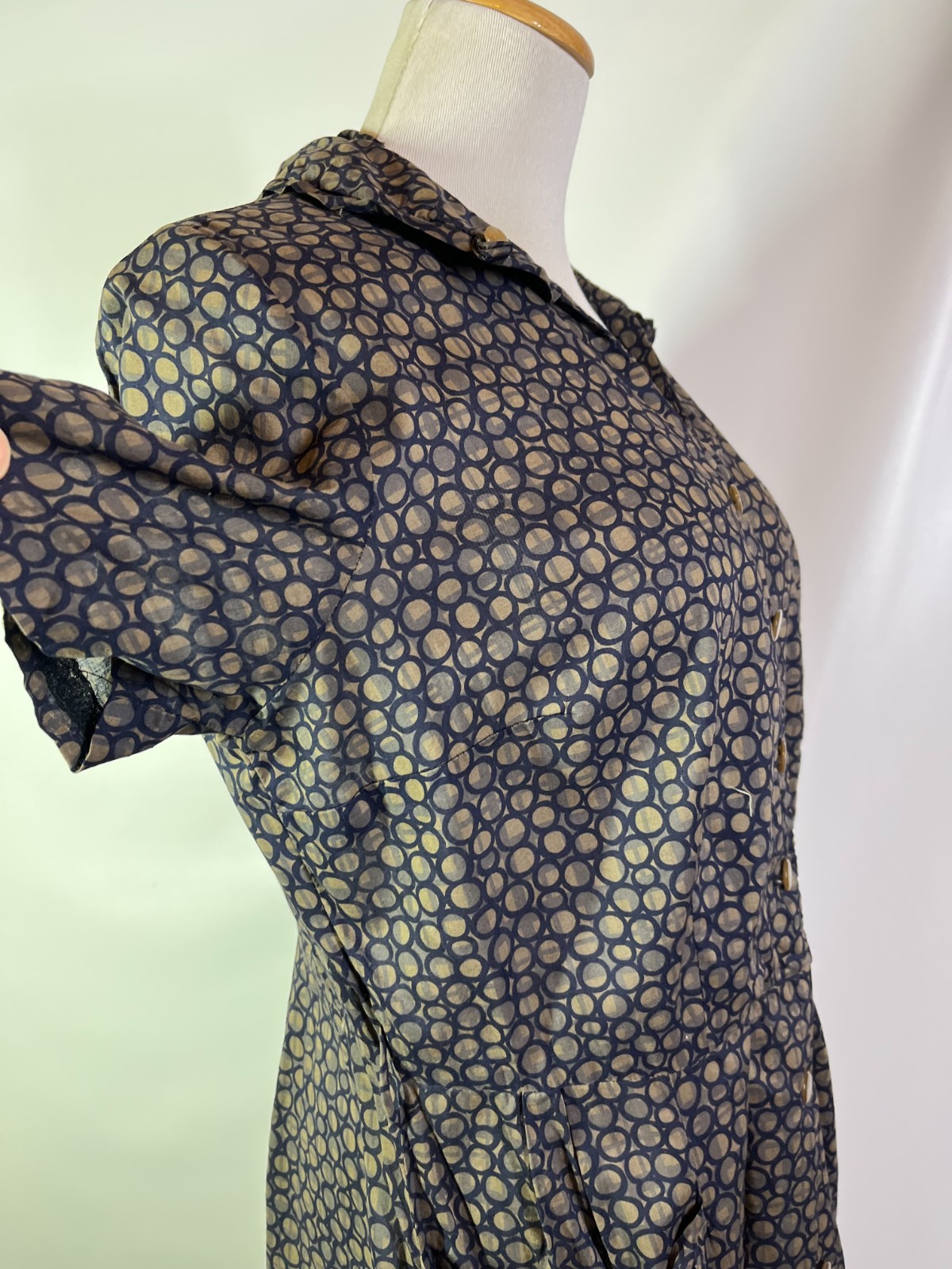 Vintage early 70s? Shirtdress Homemade Blue Circles Print Pockets