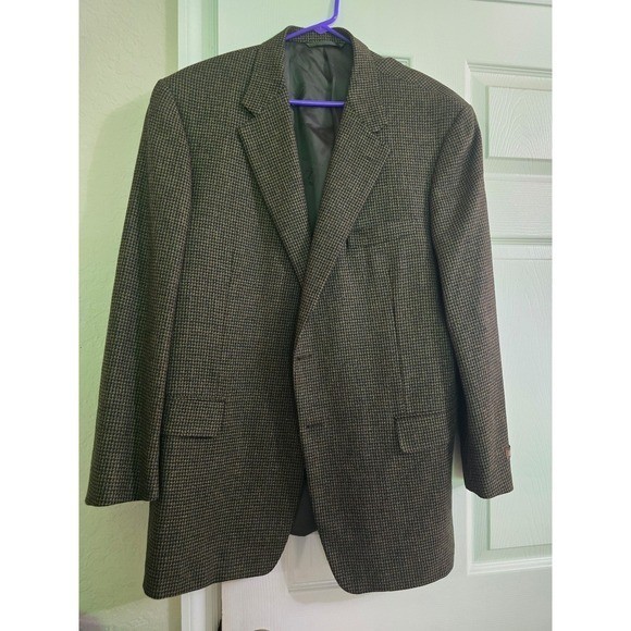 Hickey Freeman 46R Wool Cashmere Blazer Jacket Brown Houndstooth Made in USA VTG