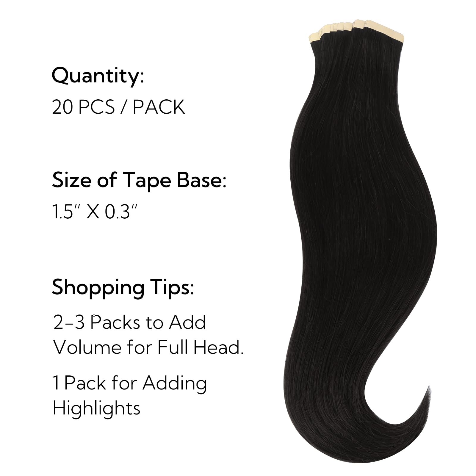 HOTBANANA 16″ 20pc 50g Jet Black Real Remy Human Tape-in Hair Extensions