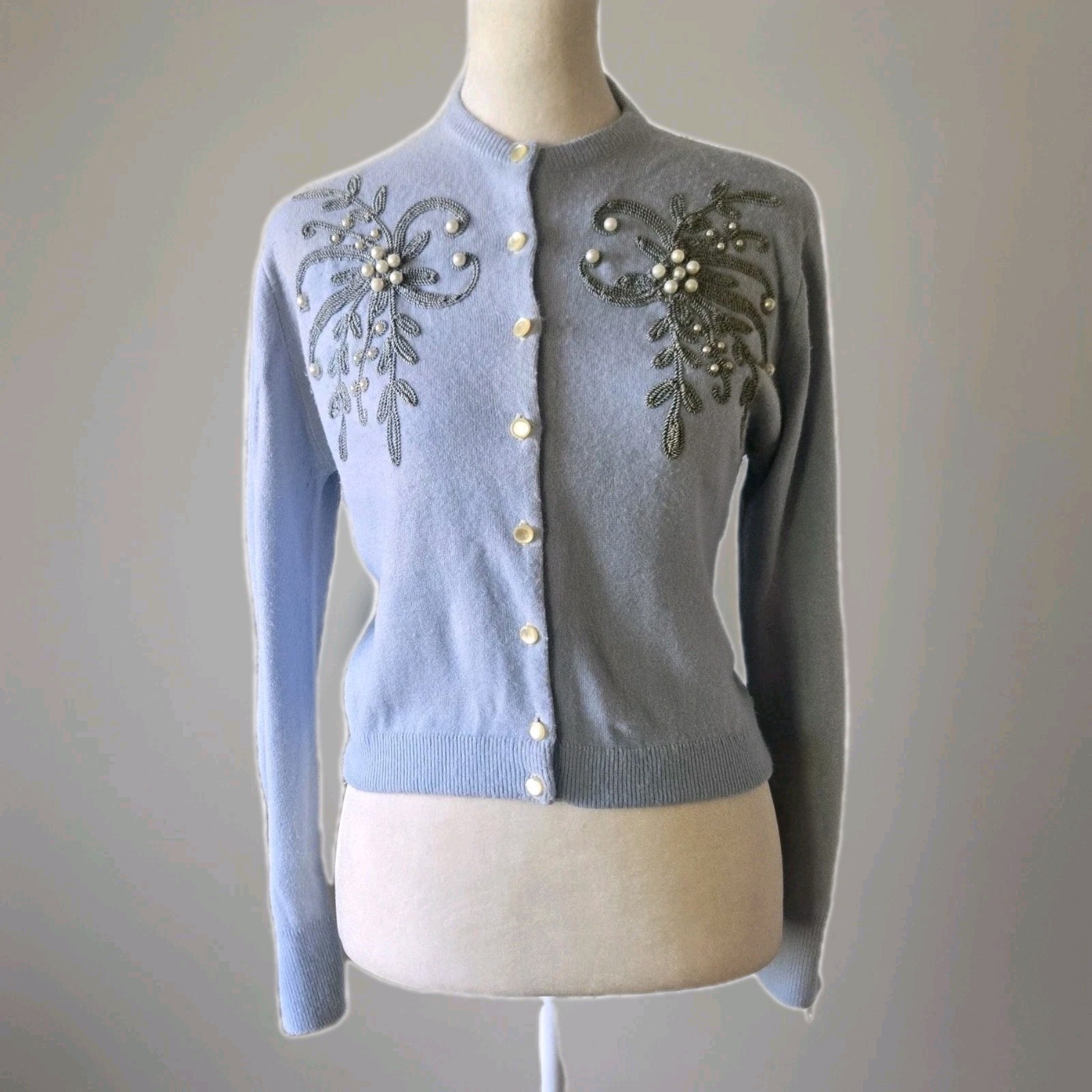 Vtg 50s 60s Pearl Embellished Cotton Cardigan Sweater, S, Union