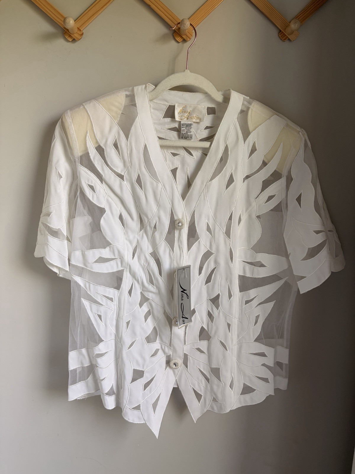 Vintage Nina Austin Sheer Cutwork Blouse NWT 80-90s White Embroidered Battenburg