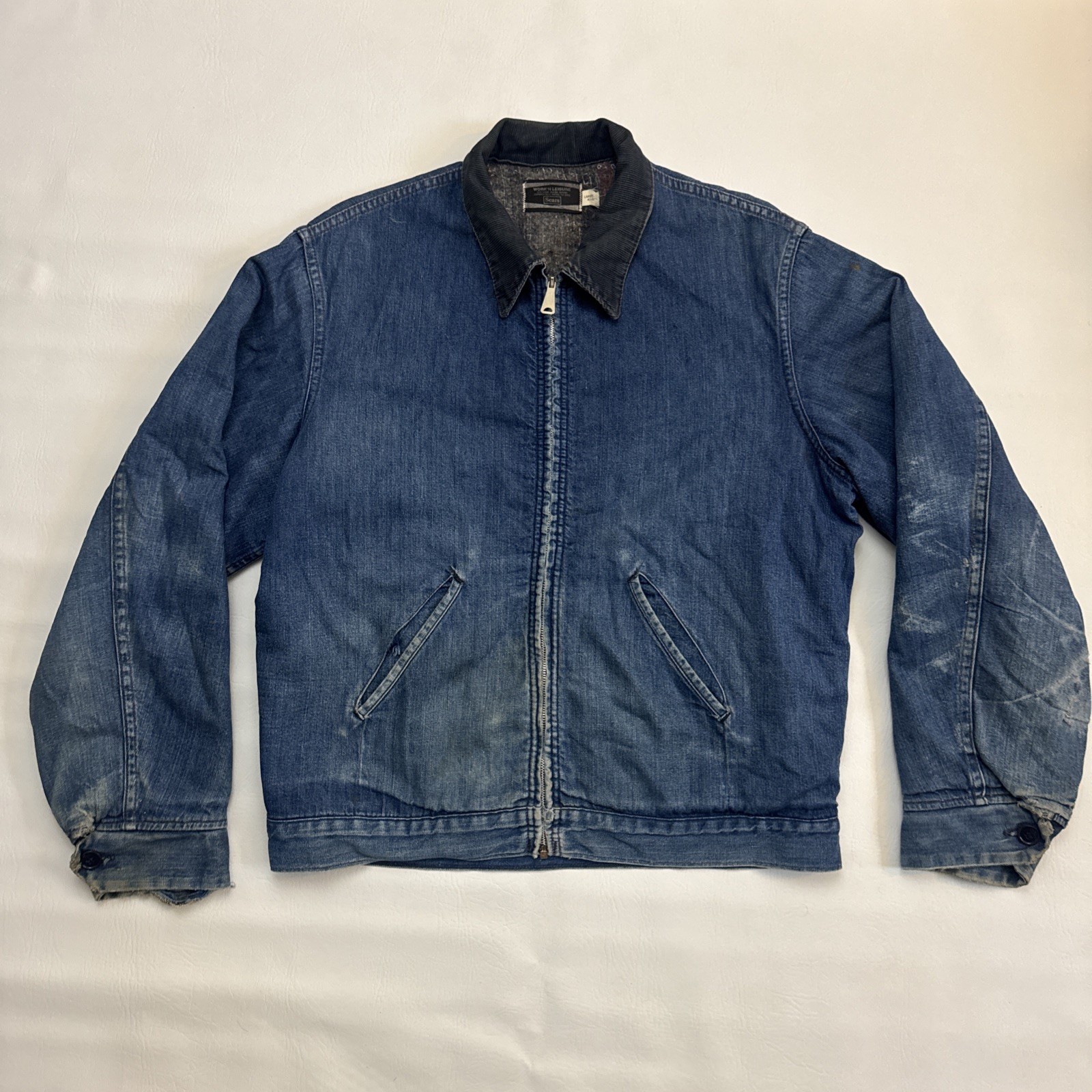 VTG Sears Work N Leisure Denim Jacket Mens L Blue Blanket Lined Workwear Detroit