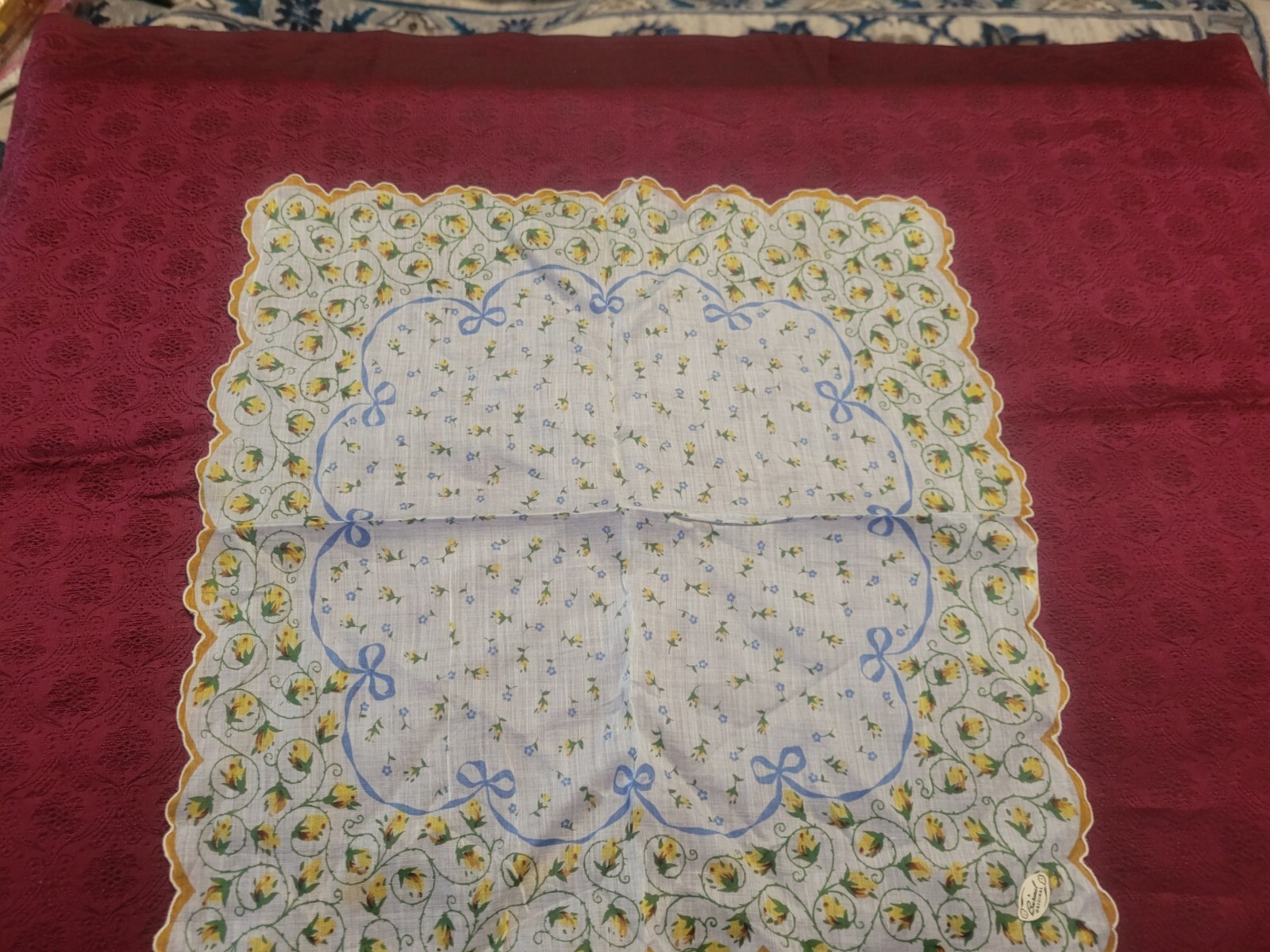 NWT Vintage Burmel~~White w/ Blue Ribbon and Yellow Floral Hanky~ 13″ Hanky