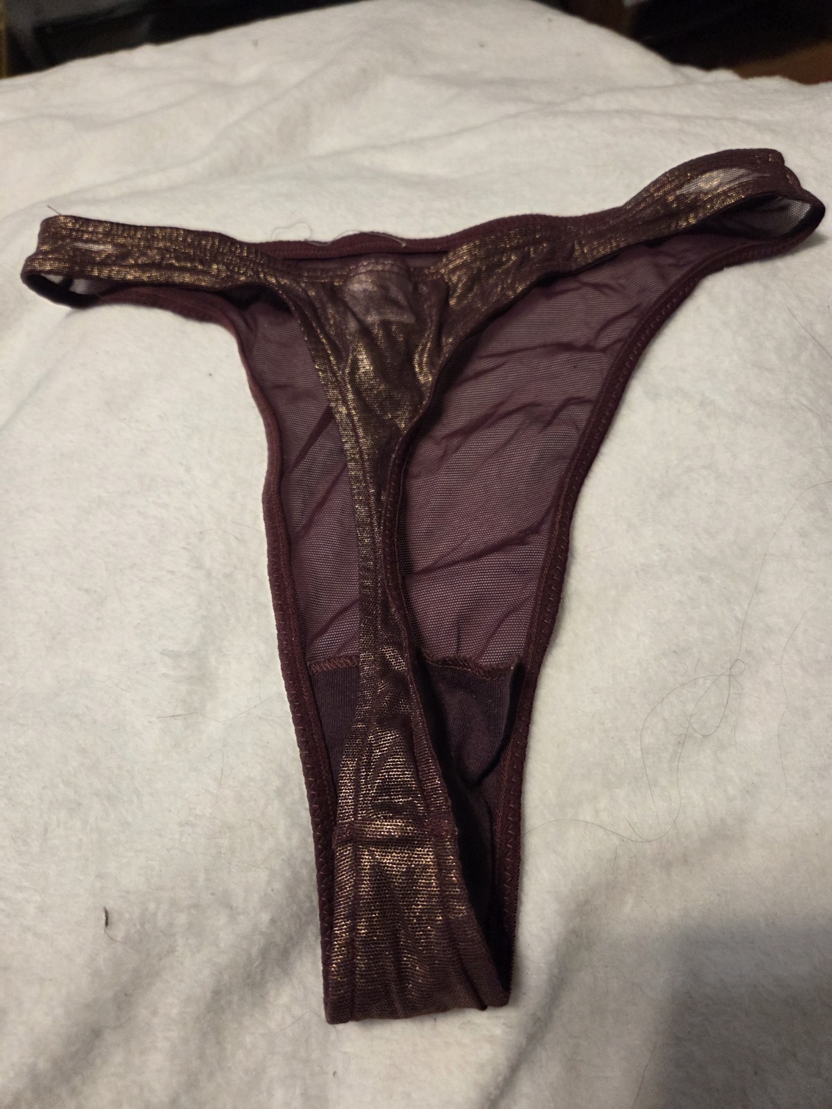 NEW Vintage Shiny Metallic Gold Burgundy Express Hicut String Thong Small 5