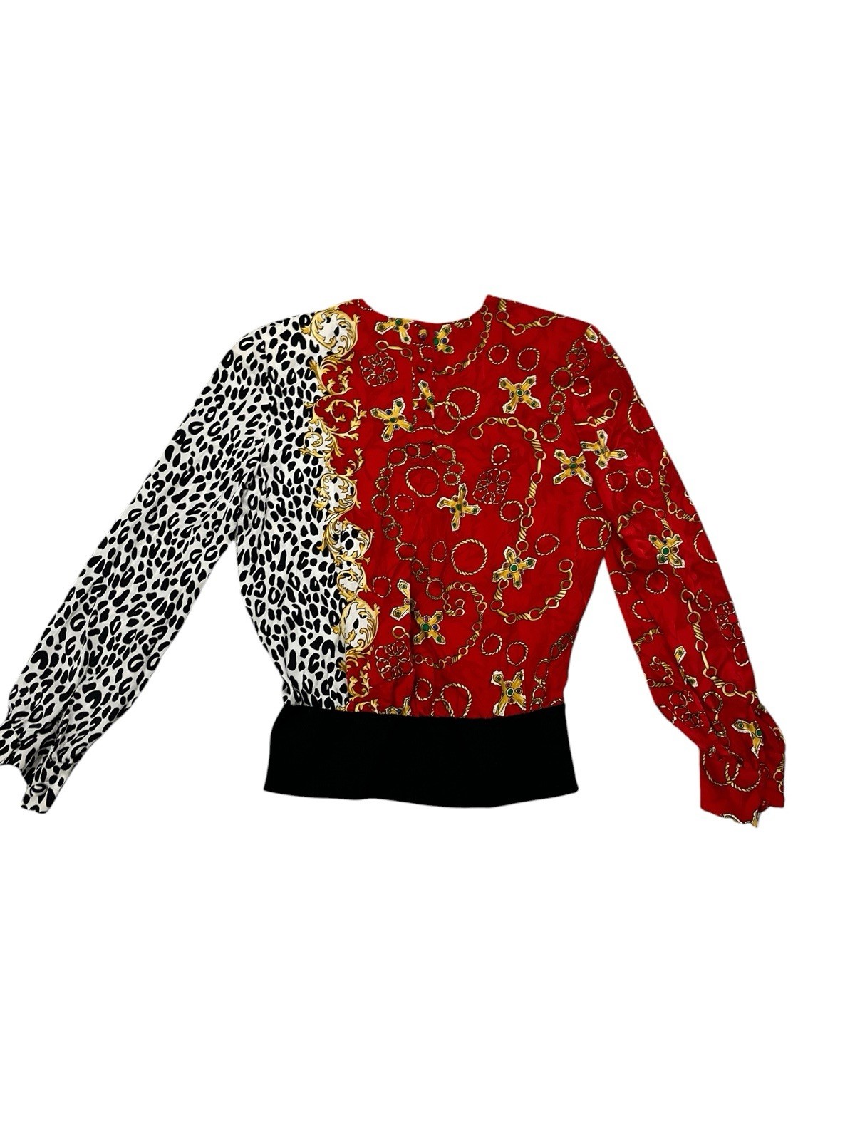Vintage 90s Adrianna Papell 100% Silk Blouse L Red Baroque Animal Print Knit Hem