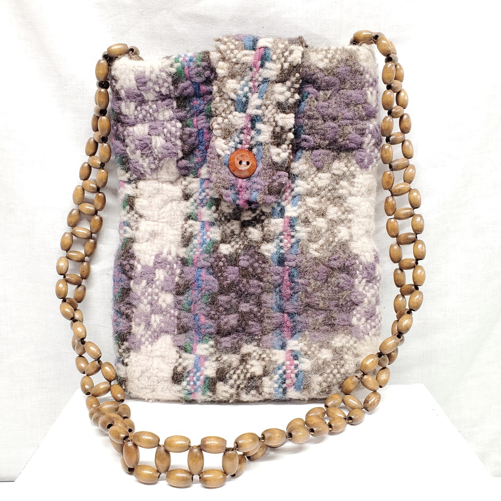 Colorful Shaggy Boho Knit Wood Button Bag Purse Wood Bead Strap