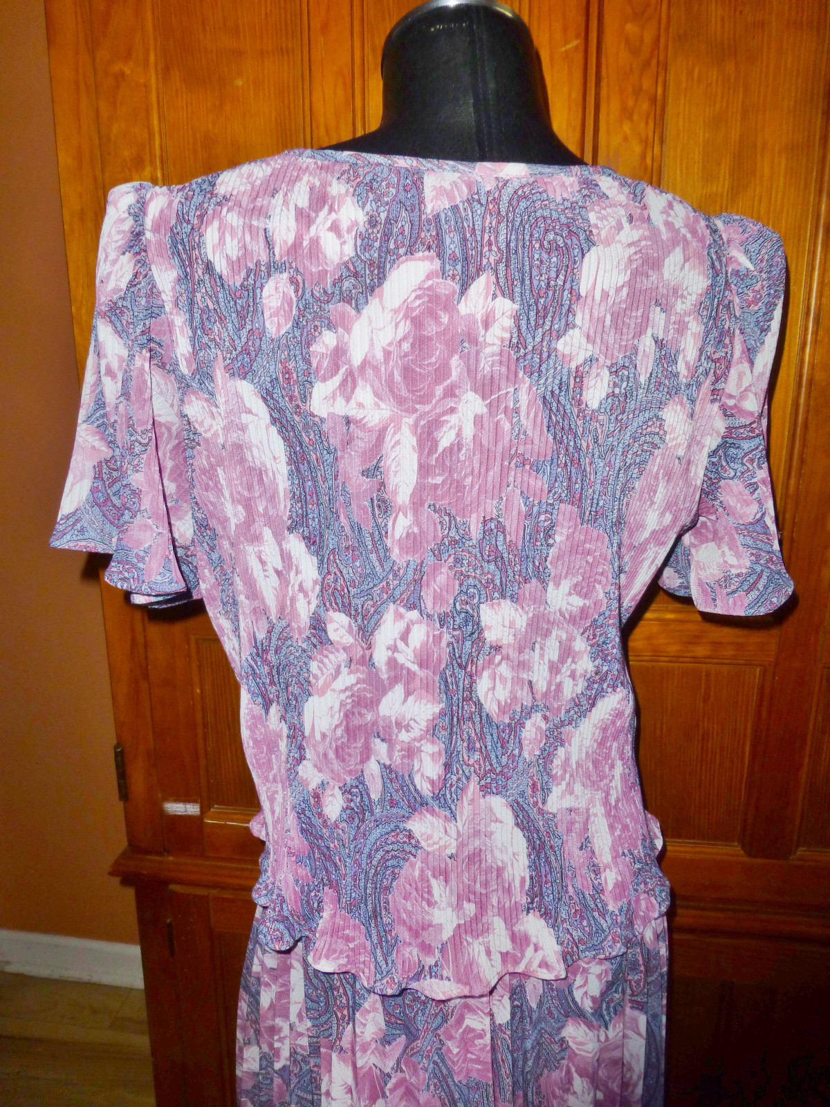 New VTG 70s Micro Pleat Mauve Rose Floral print Boho Cocktail Secretary DRESS ML