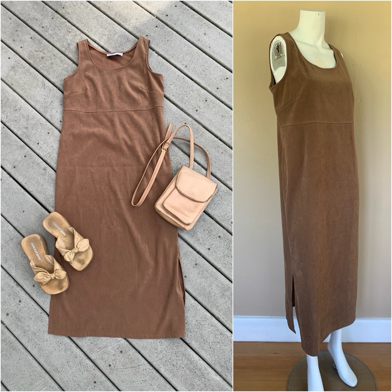 Vintage Sleeveless, Pinafore Midi Dress || 90’s Brown Slip Overall Dress, M