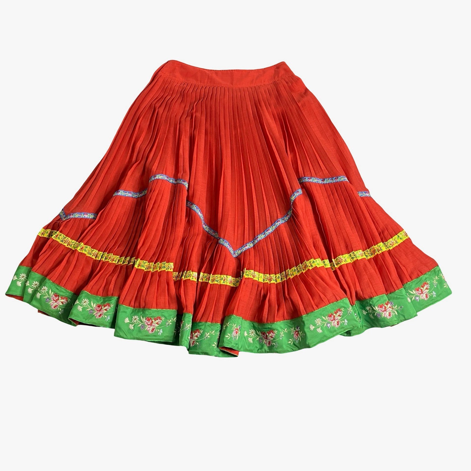 Vintage Kenzo Paris Pleated Skirt Women 40 Red Floral Embroidered Made In France