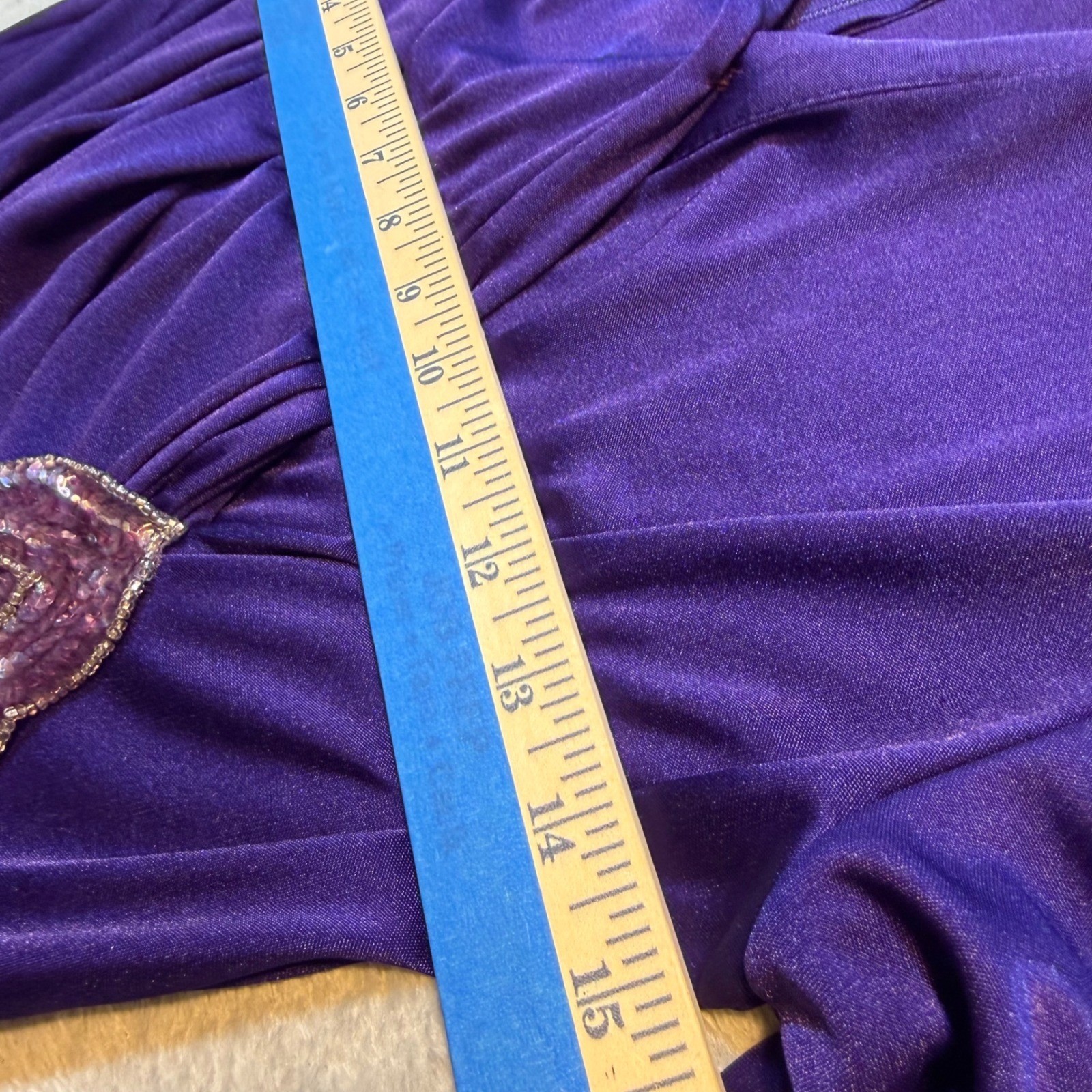 Vintage Filigree Purple Ruched Drop Waist Dress 80s Sequin Applique Size 10 8107