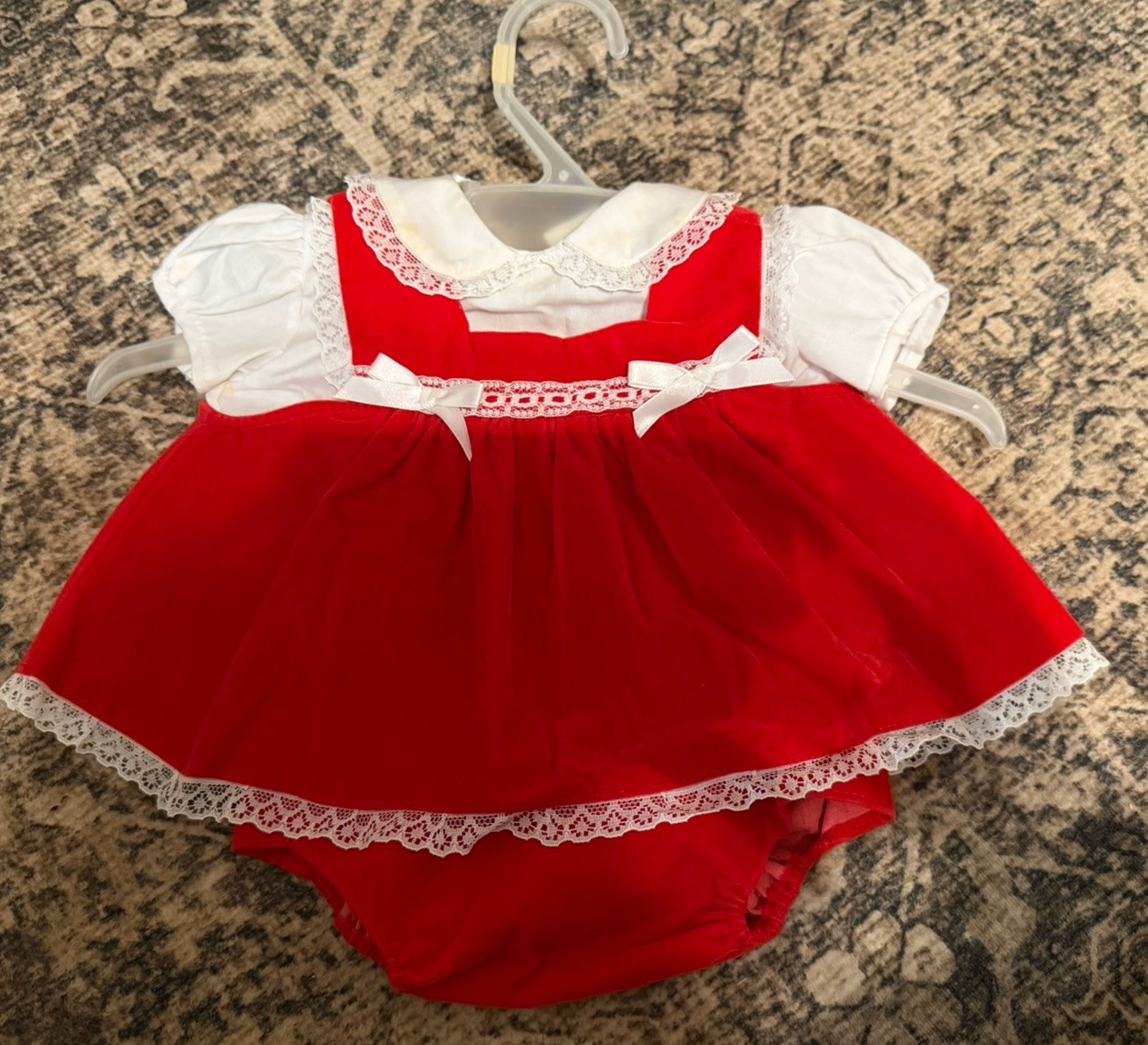 Vintage Red Velvet Baby Dress And Bloomers Evy 0-6 Months Lace Christmas 1990’s