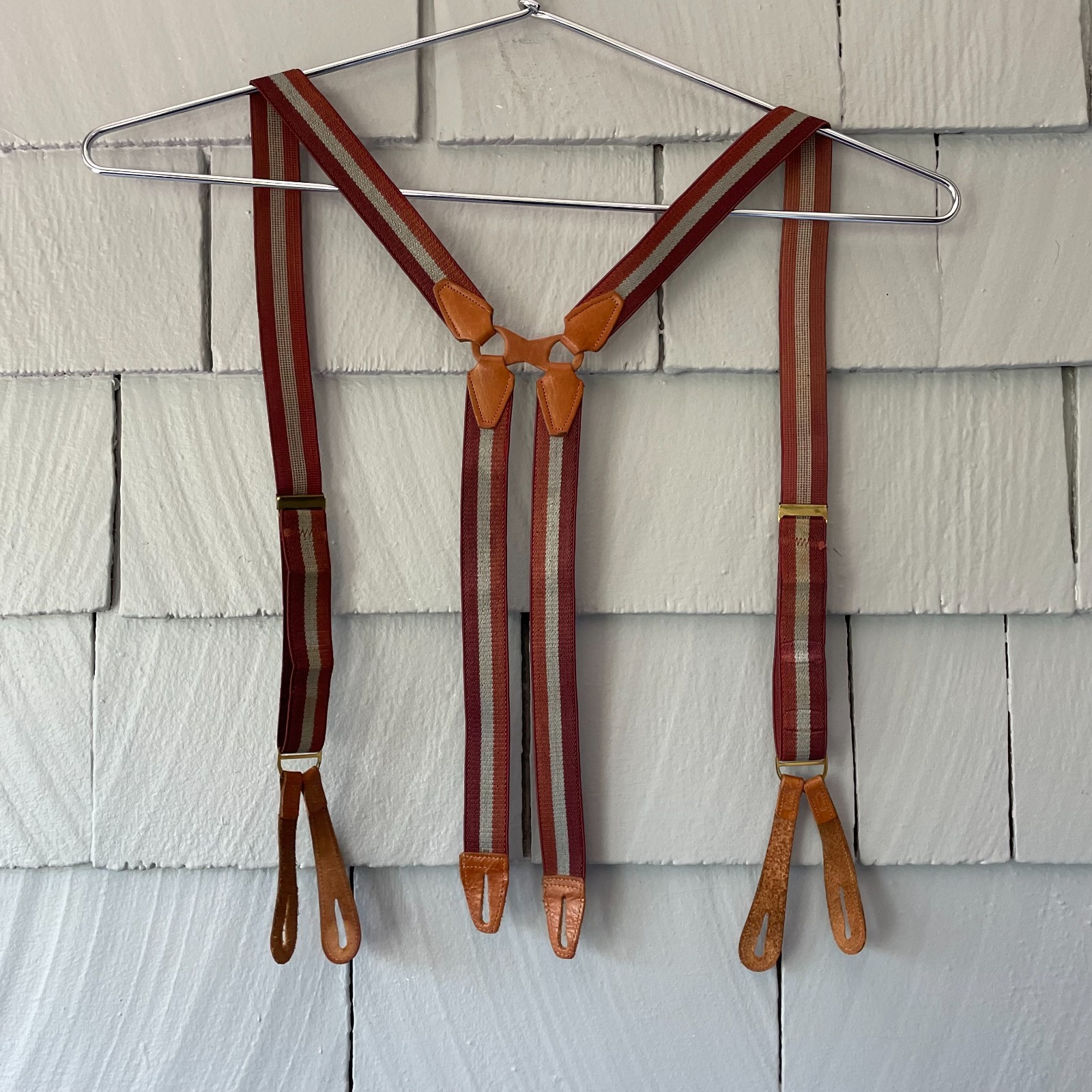 30s Vintage Paris Brand Brown & Gray Elastic Suspenders w/ Brass&Leather Details