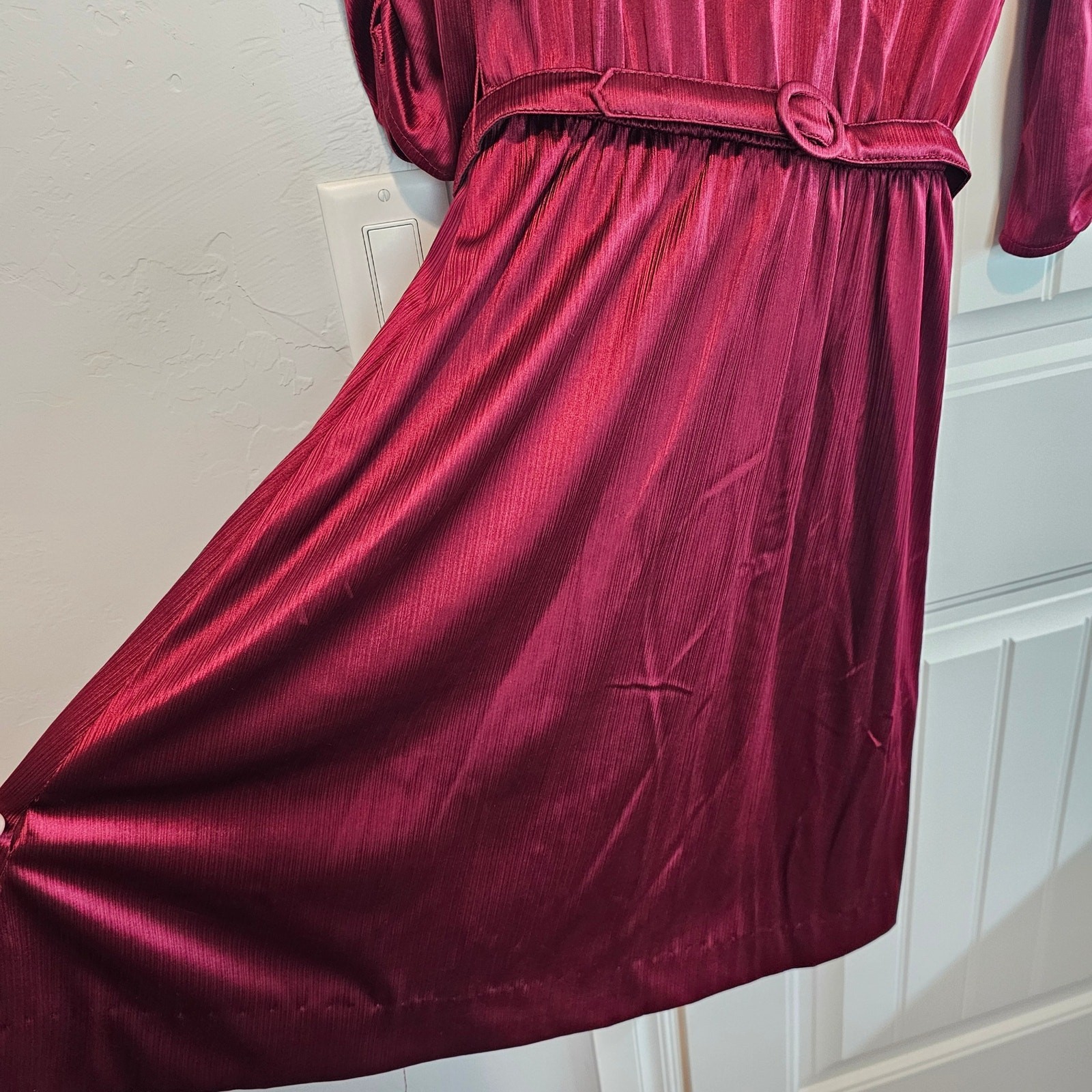 Vintage 80s Dress Womens Large Burgundy Silky Lace Glam Rock Party Retro