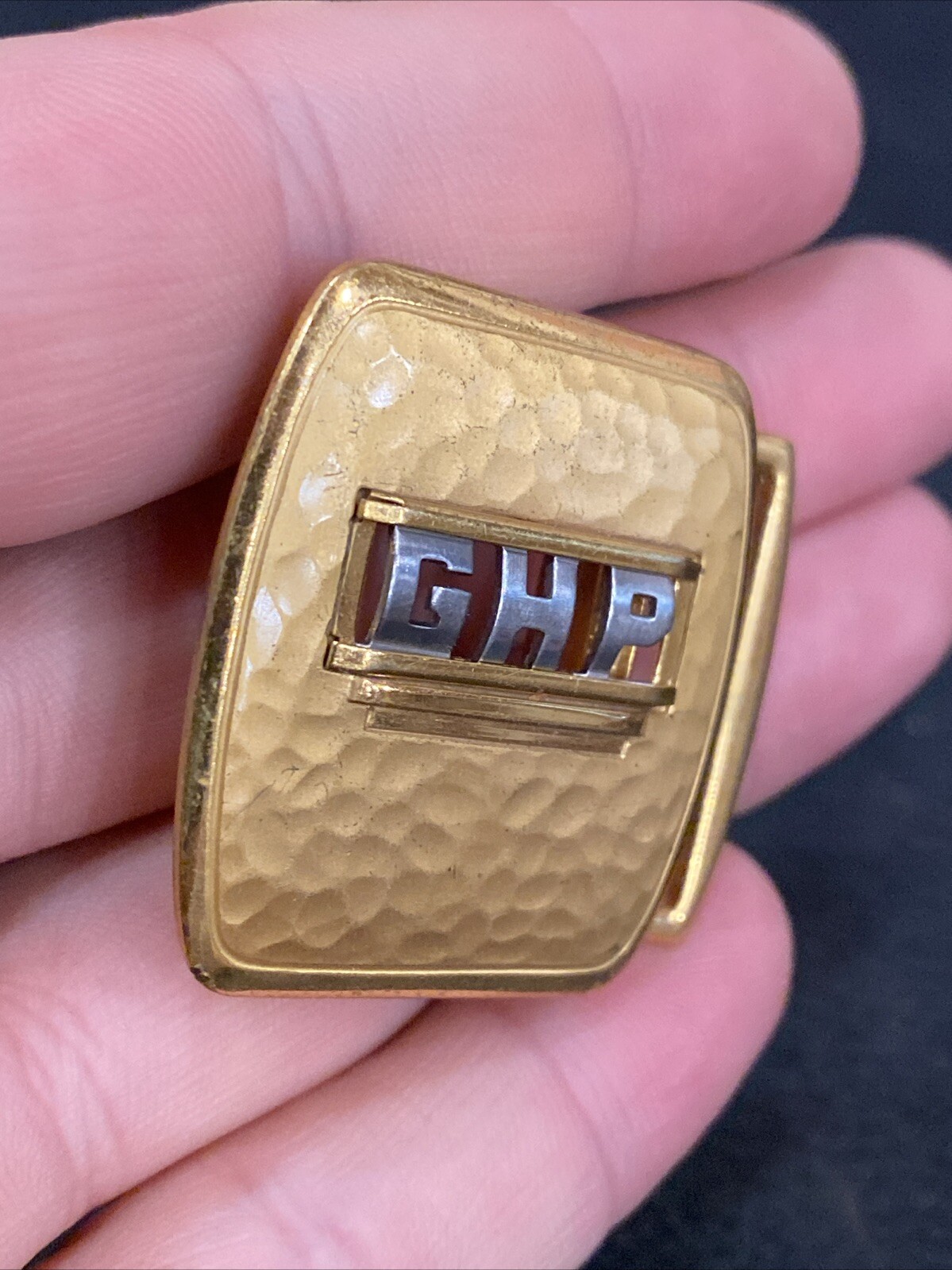 Vtg Art Deco Swank deluxe gold plate retro belt buckle Hammered Bronze GHP Mono