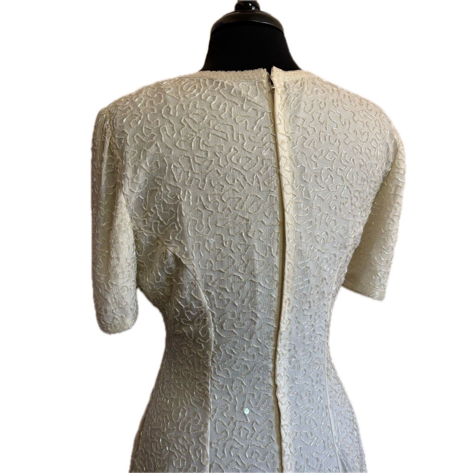 80s Vintage White Beaded A-Line Cocktail Dress Wedding Large