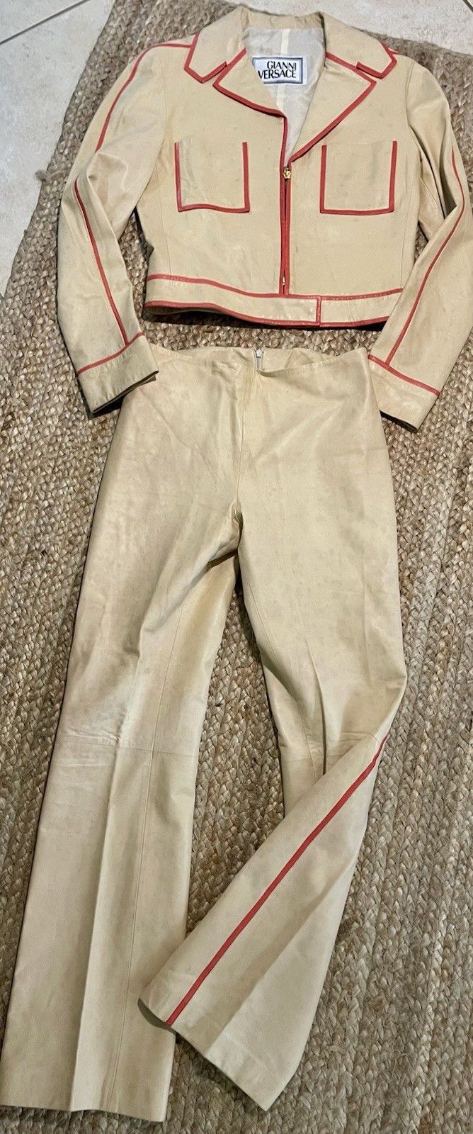 VTG Gianni Versace 2000 Leather Pant Suit 42 Nappa Lambskin Lion Zip Tan Orange