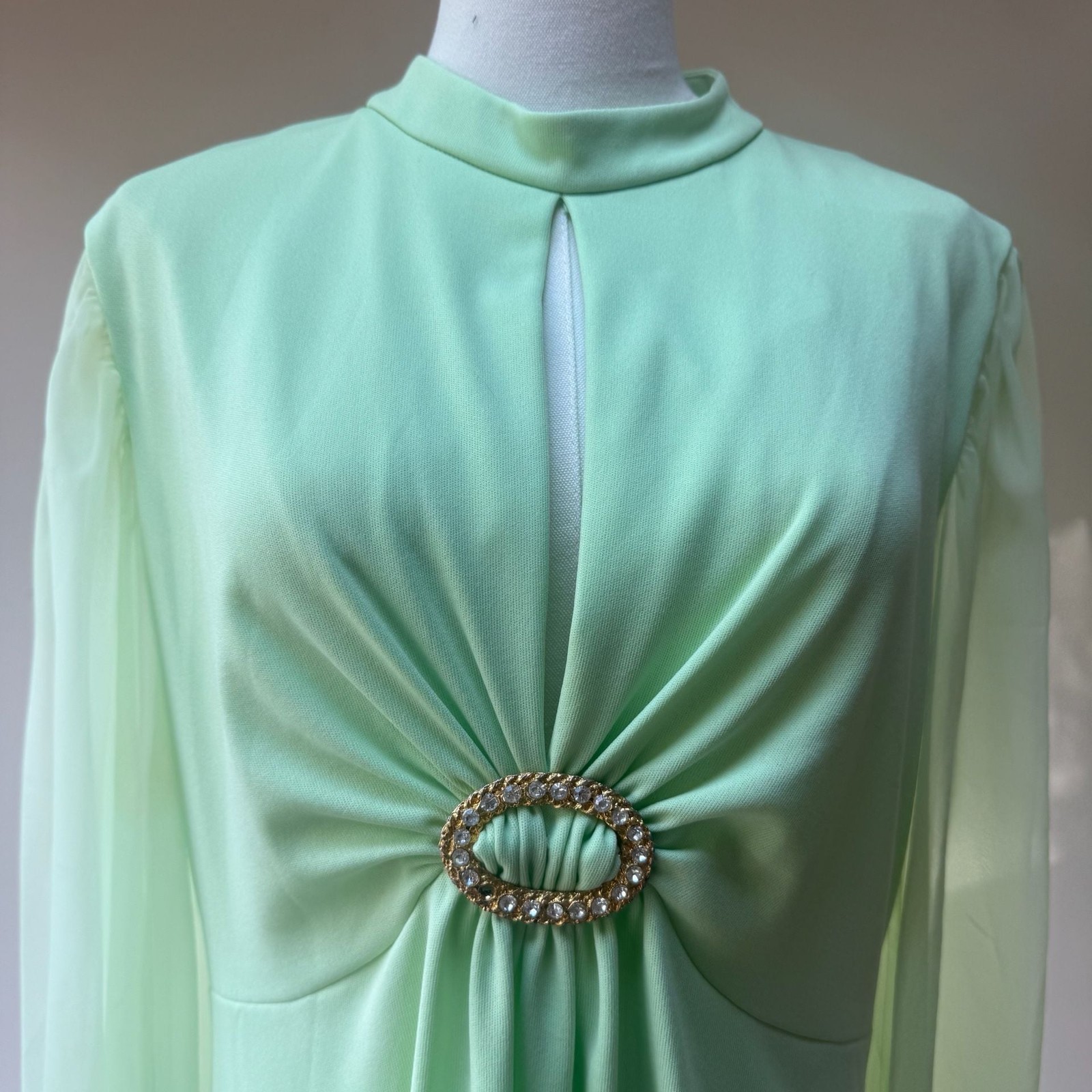 Vintage 1960s Green Gown with Chiffon Bishop Sleeves Rhinestone Brooch