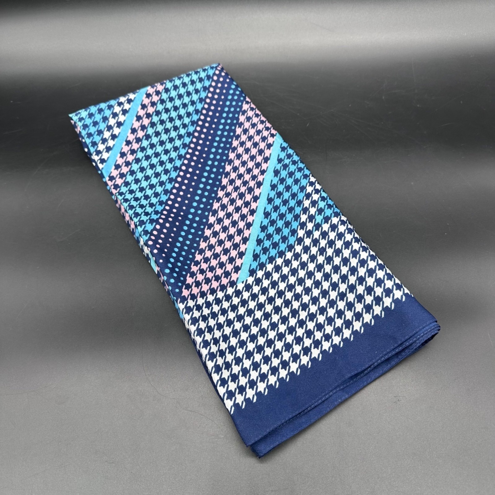 Vintage Scarf 1970s Houndstooth Stripes Navy Blue Pink White Retro Fashion