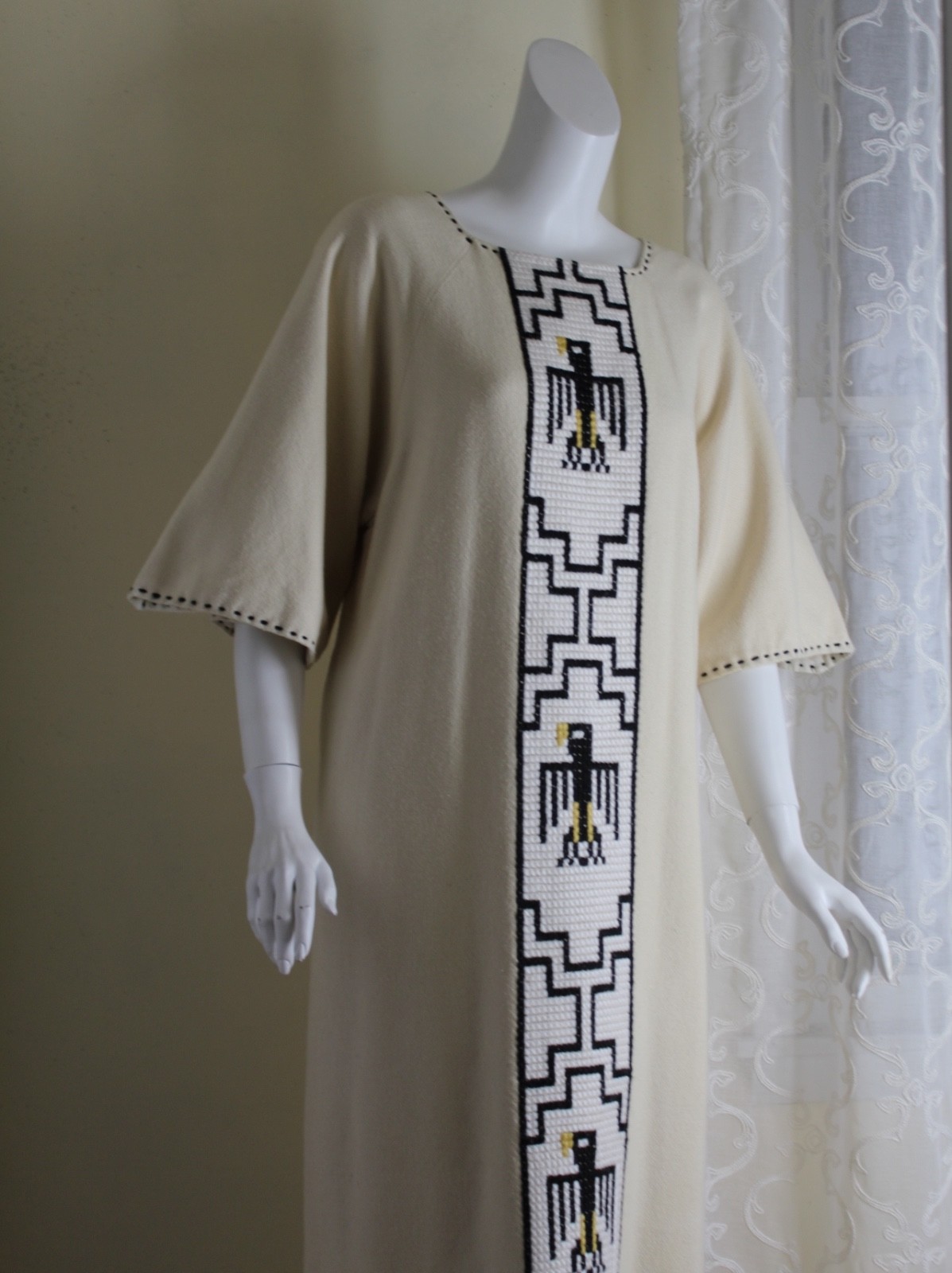 Suzette Paris Santa Fe L XL ART 1970s VTG Western Thunderbird Creamy Long Dress