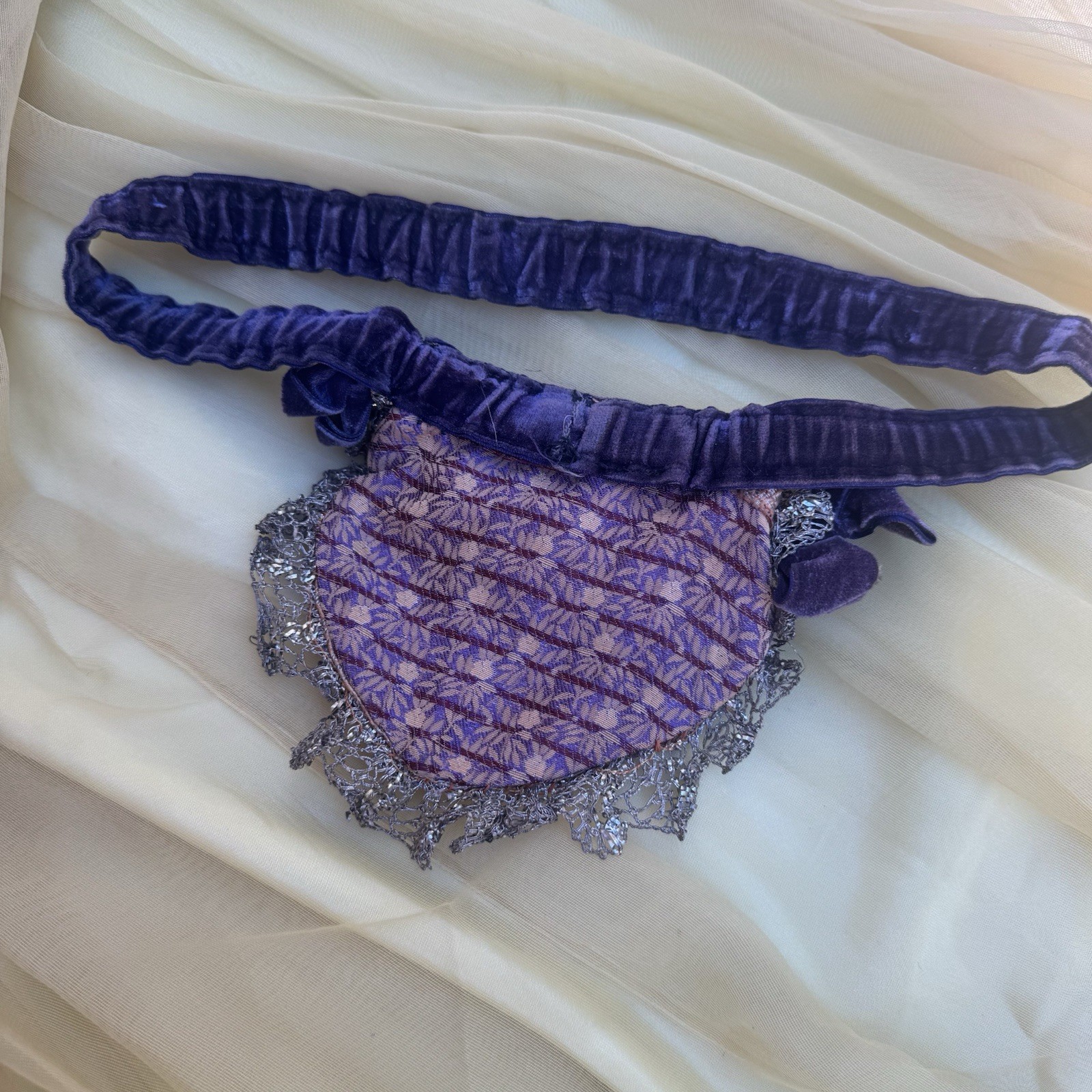 Antique 19th C Purple Lamé Garter Velvet Bow Orange Lingerie Secret Pouch VTG