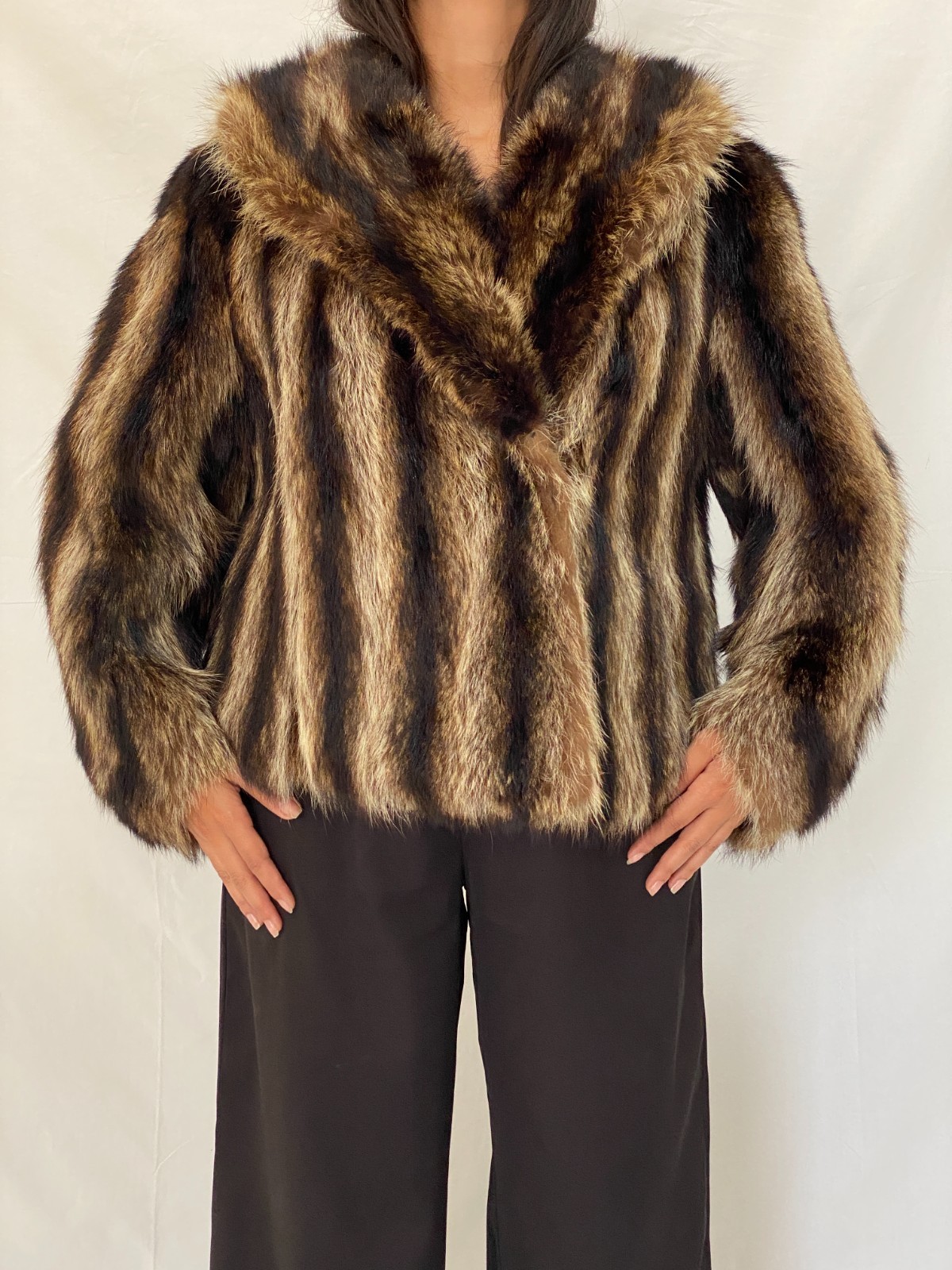Vintage Striped Brown & Black Real Fur Coat 70s Glam Winter Statement Jacket