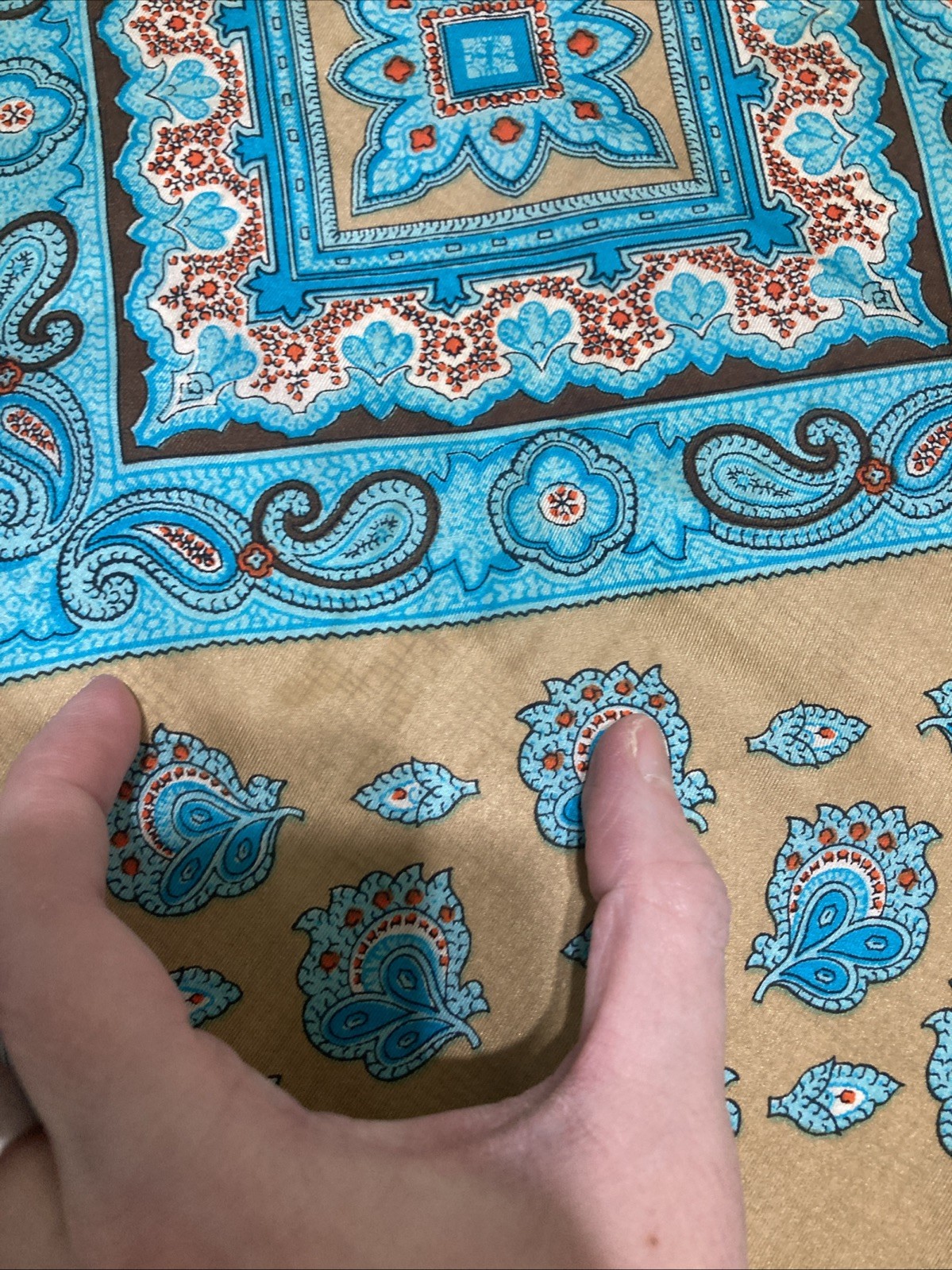 VTG 70s GLENTY Geometric Paisley Silk Scarf Blue Brown Hand Rolled Edge 22.5”