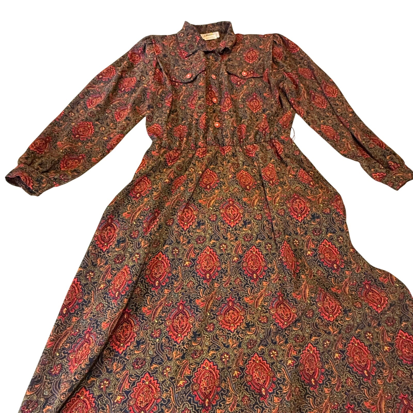 Vintage 70s Paisley Midi Dress Size 16 Made in Canada Boho Long Sleeve