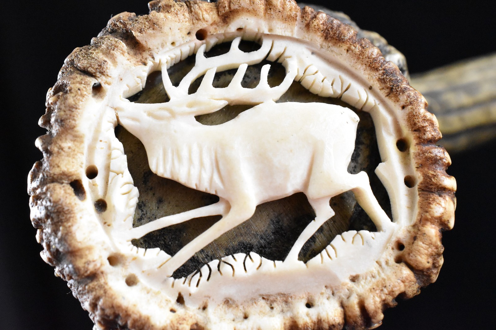 Vtg 35 in Hand Carved Elk Antler Cane Walking Stick Tree Branch Motif