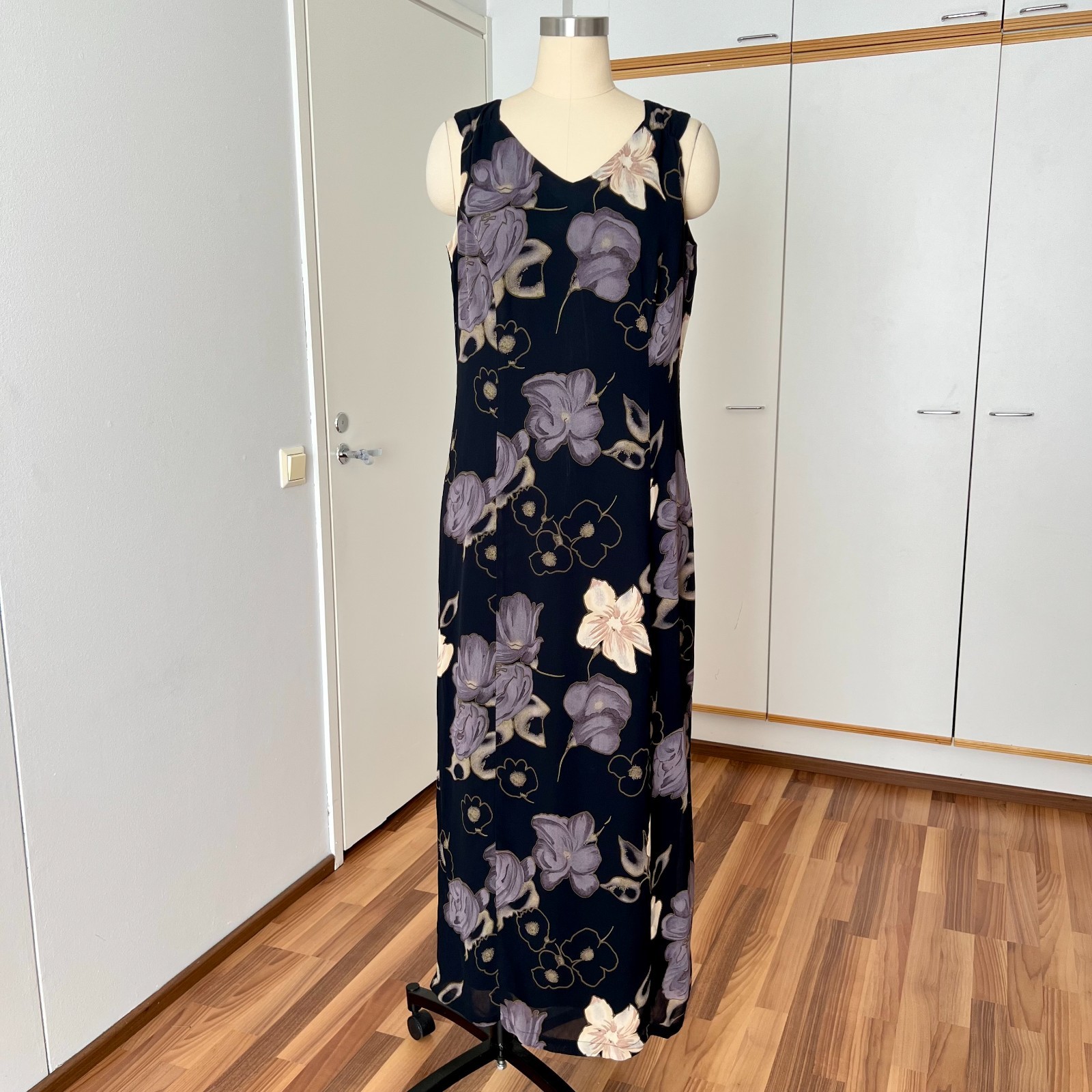 90s Floral Viscose Maxi Dress Summer V Neck Sleeveless Fairy Whimsygoth Aline 38