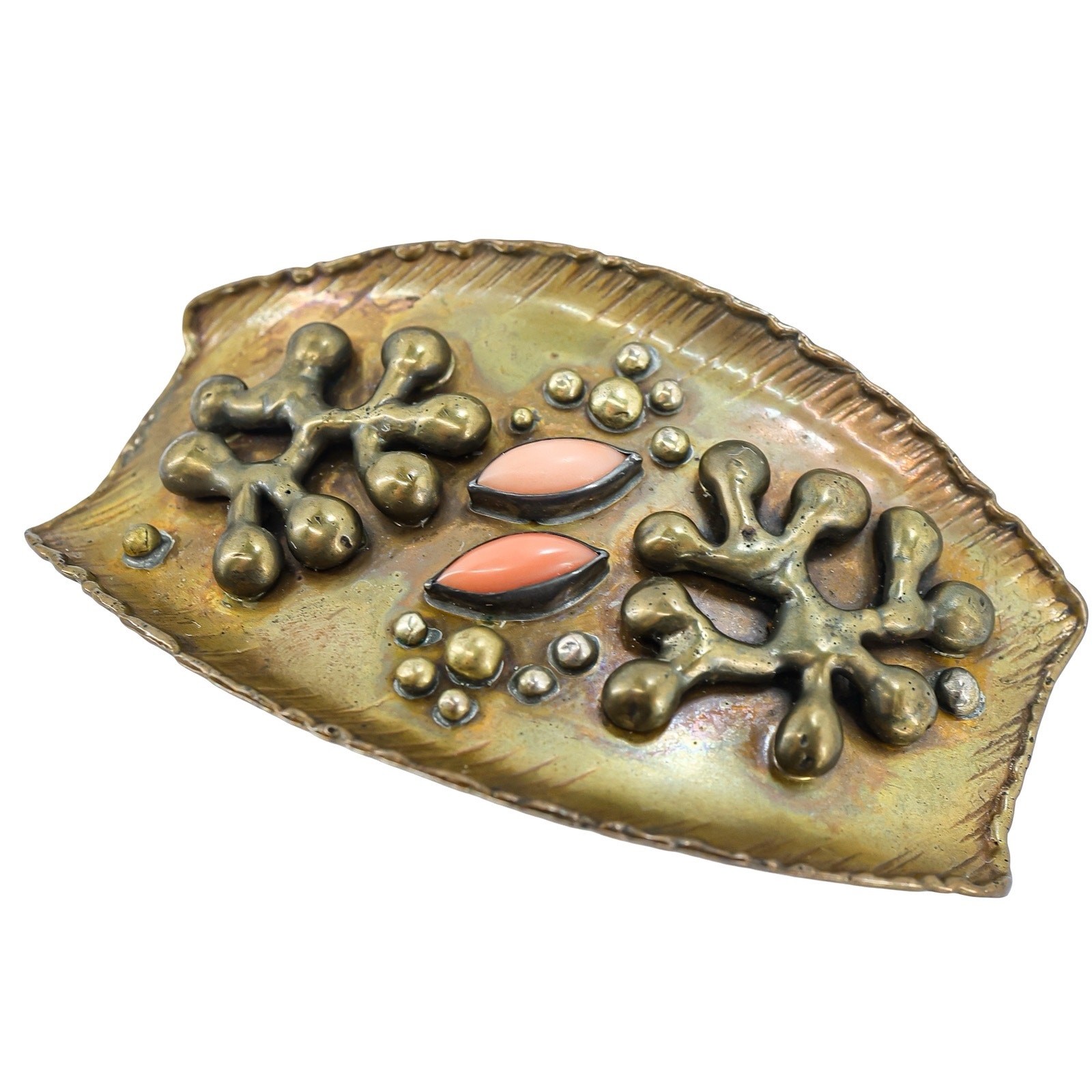 Vintage Signed Wolf Dosch Brutalist Modernist Brass Hair Barrette W Coral Cabs