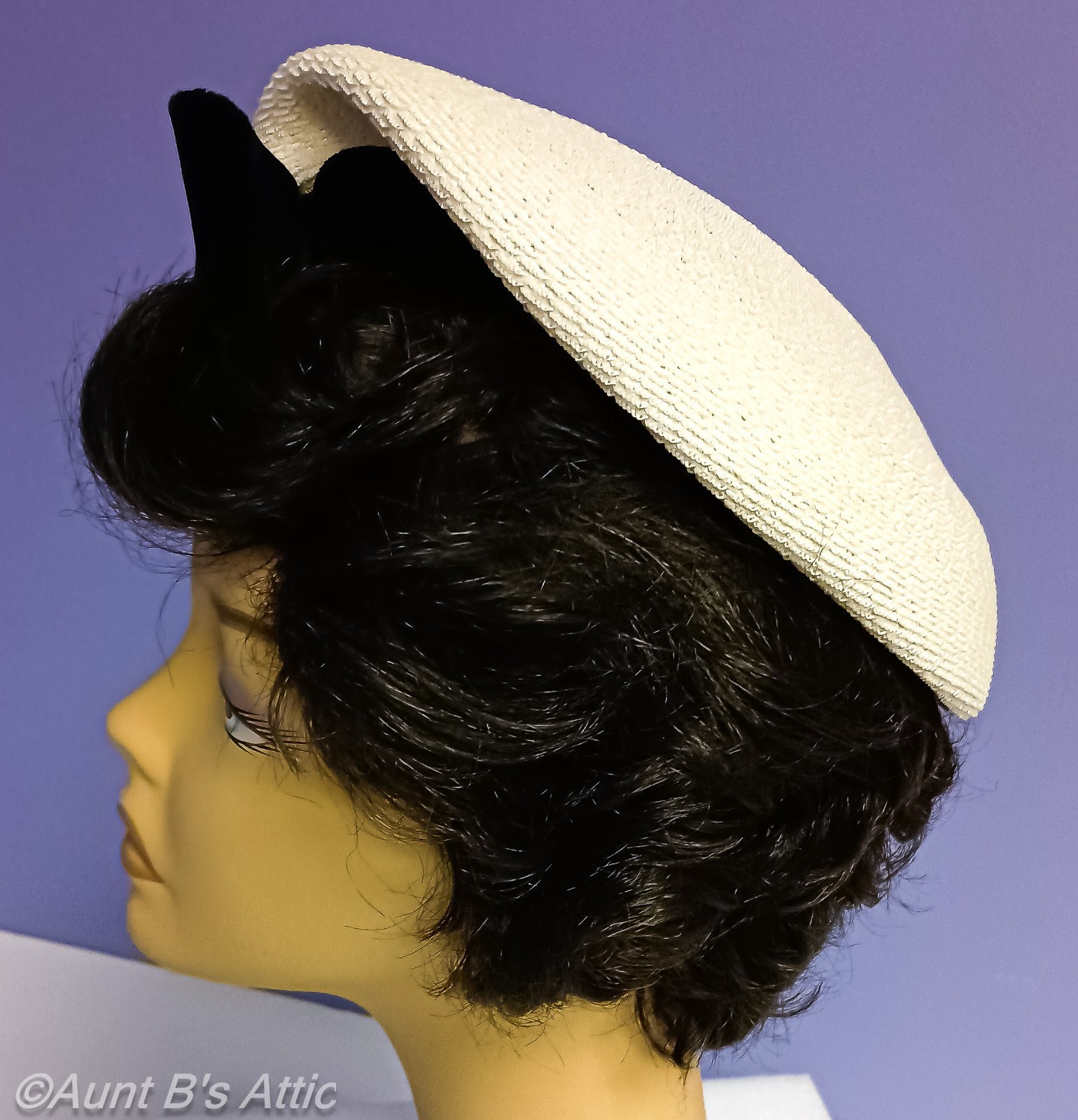 Vintage 60’s Ladies White Synthetic Straw With Blk Velvet Band Dress Hat 22 1/2