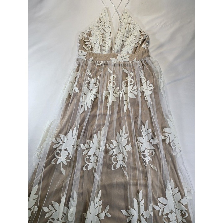 The Vintage Shop Nude White Floral Lace Tulle Dress Boho Deep V Back Size M
