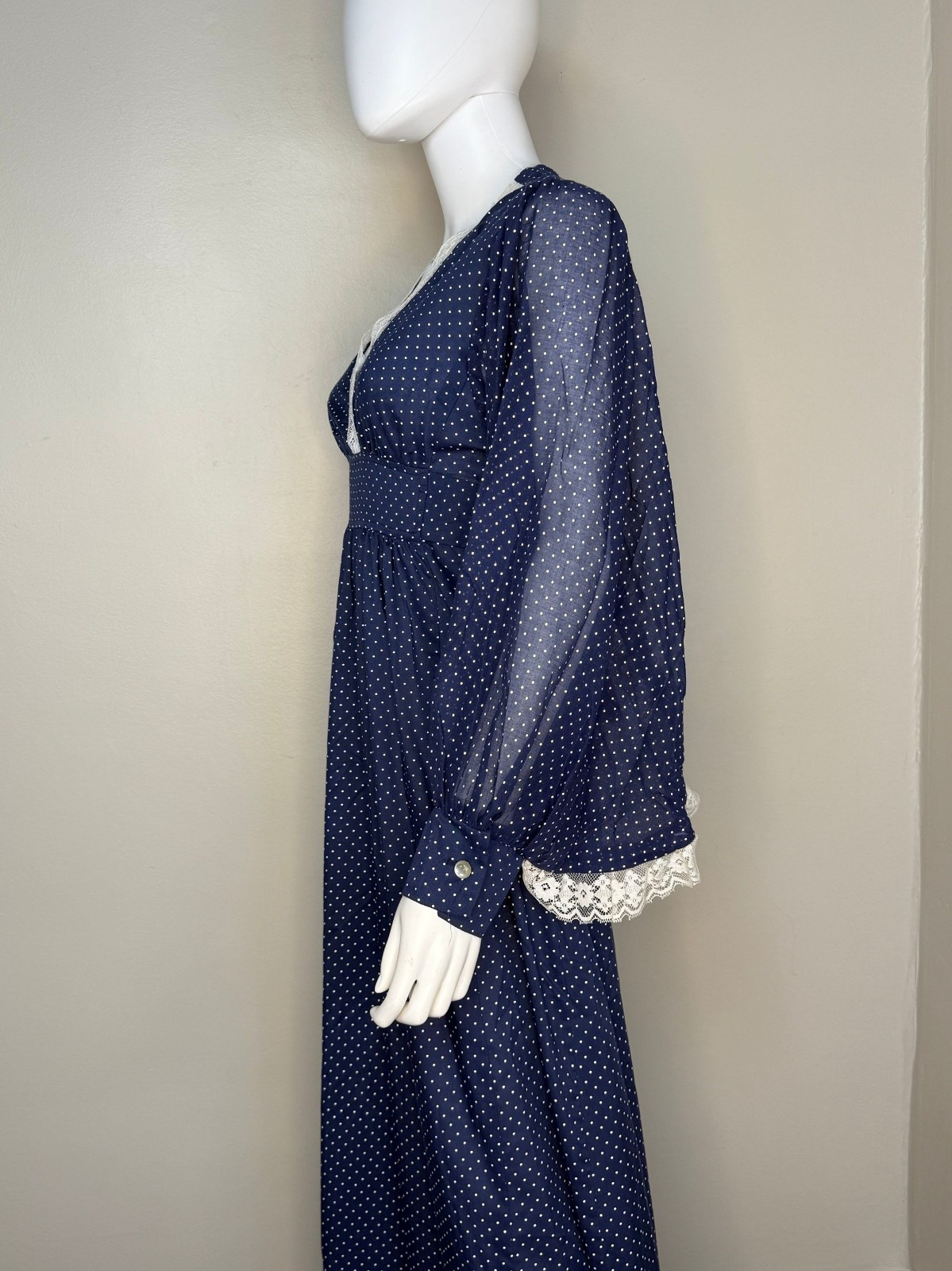 Vintage 1970s Navy Blue Polka Dot Maxi Dress 70s Huge Bishop Sleeves Lace Trim