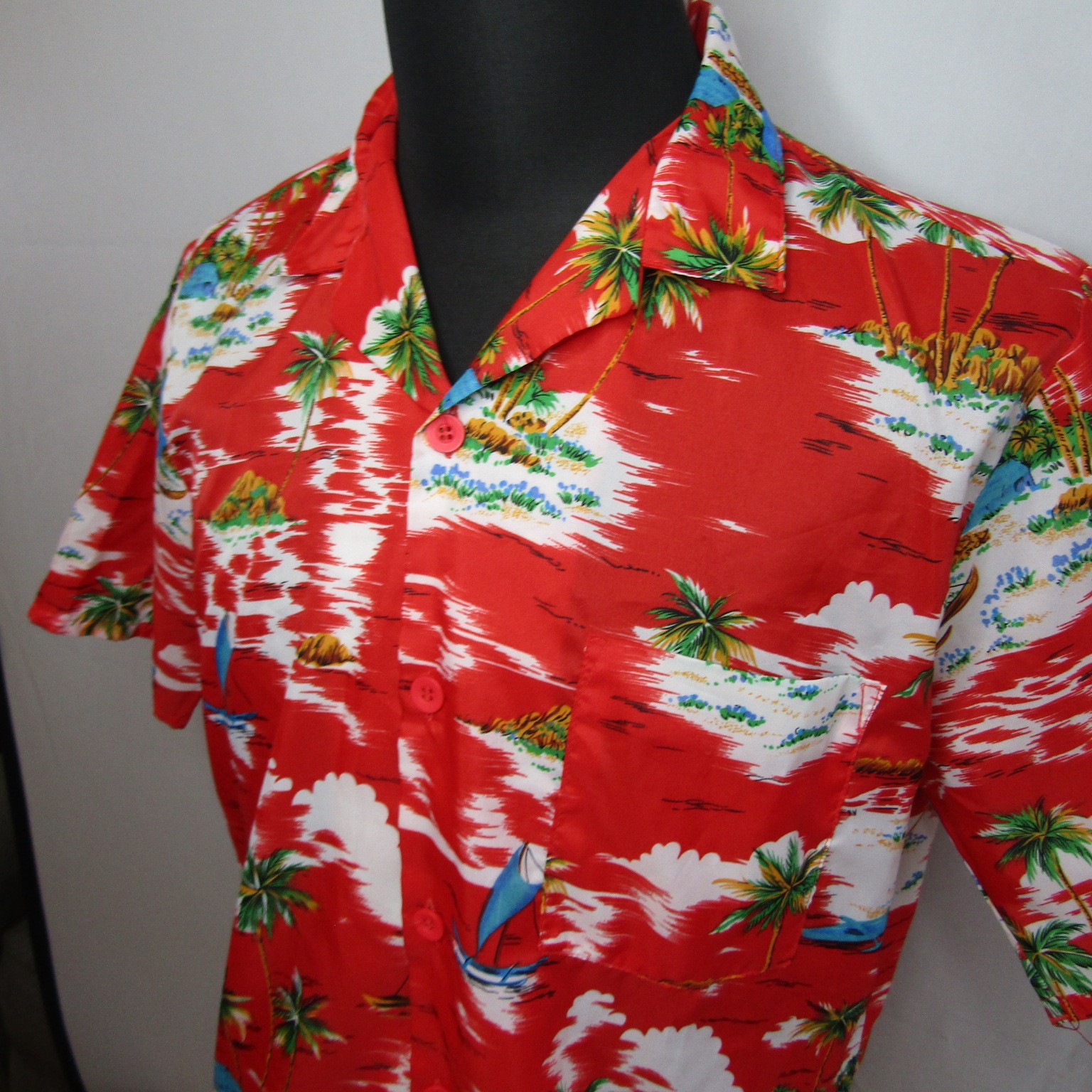 Vintage Islander Mens Red Hawaiian Aloha Shirt Tropical Palm Tree Beach L 70’s