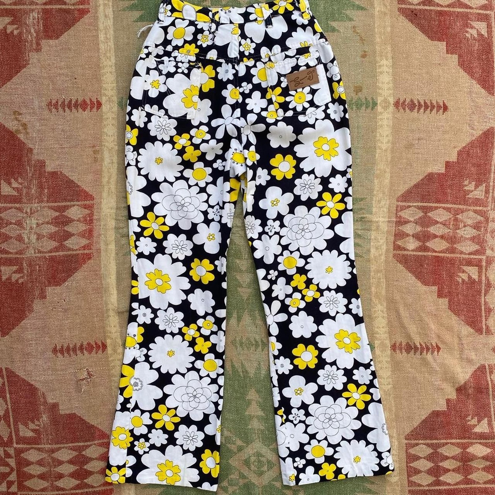 1960s/70s cotton floral printed high waisted kick flare bootcut denim pants