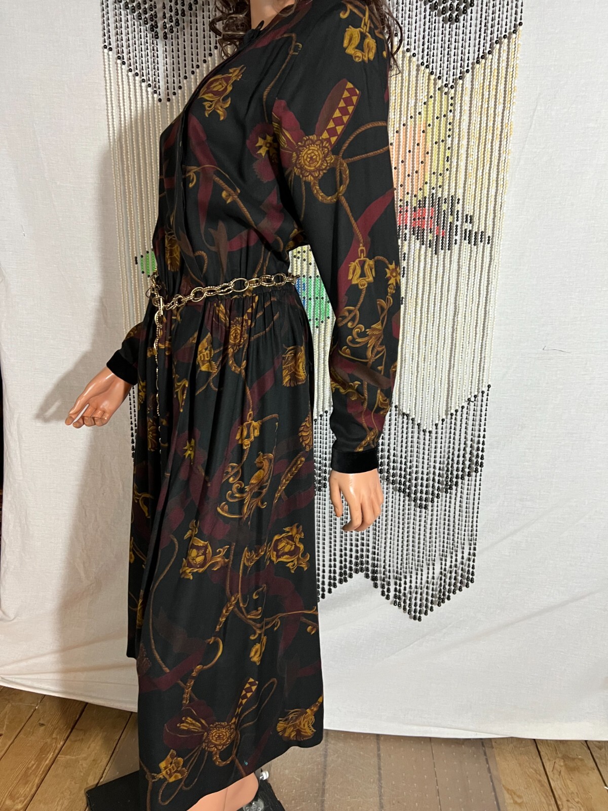 VTG ORVIS Day Dress Black Brown Gold Baracco Print Pleated Casual Business USA 8
