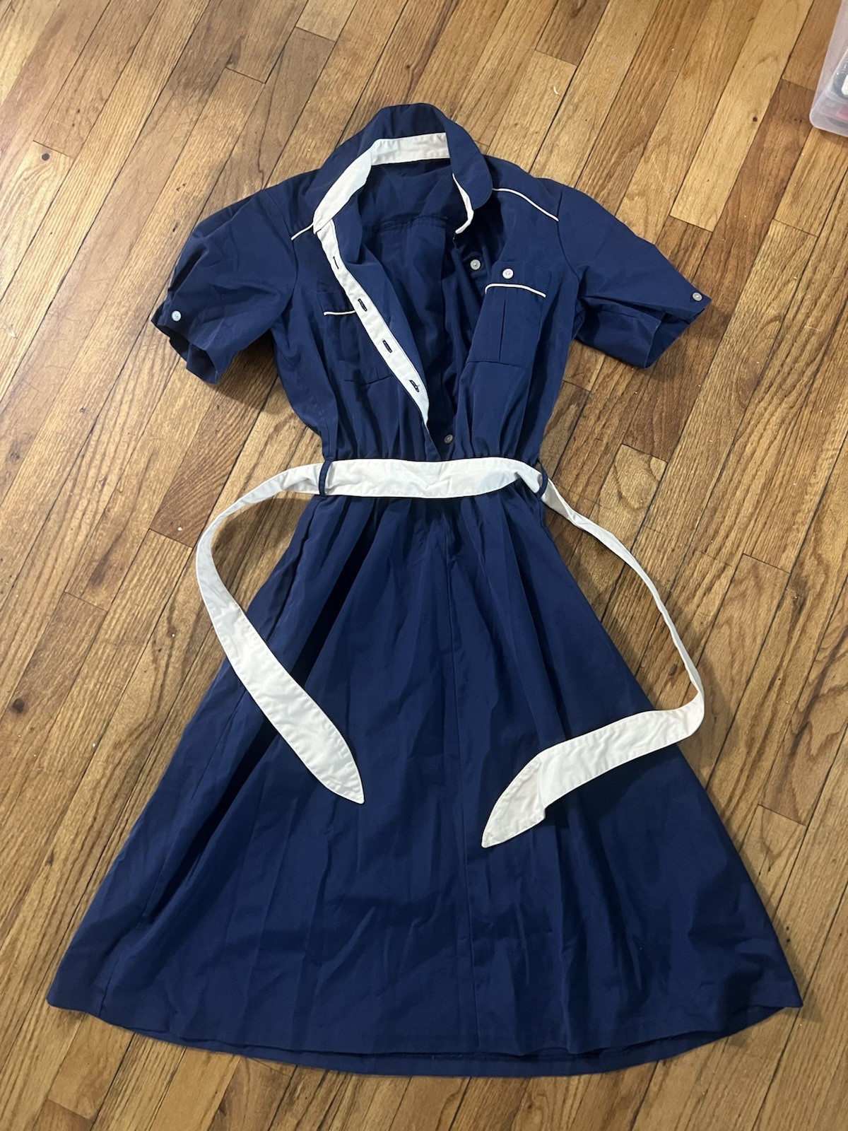 Vintage Classic 70s Dress with Tie and Collar – Navy Blue and White Women’s S