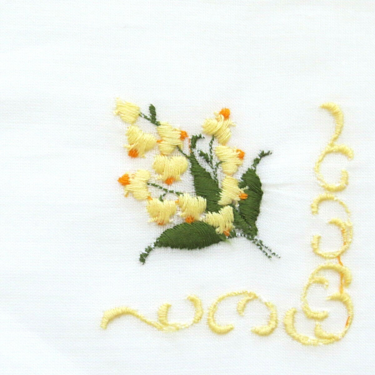 Lily of the Valley Handkerchief – White Yellow Embroidered Flowers Vintage NOS