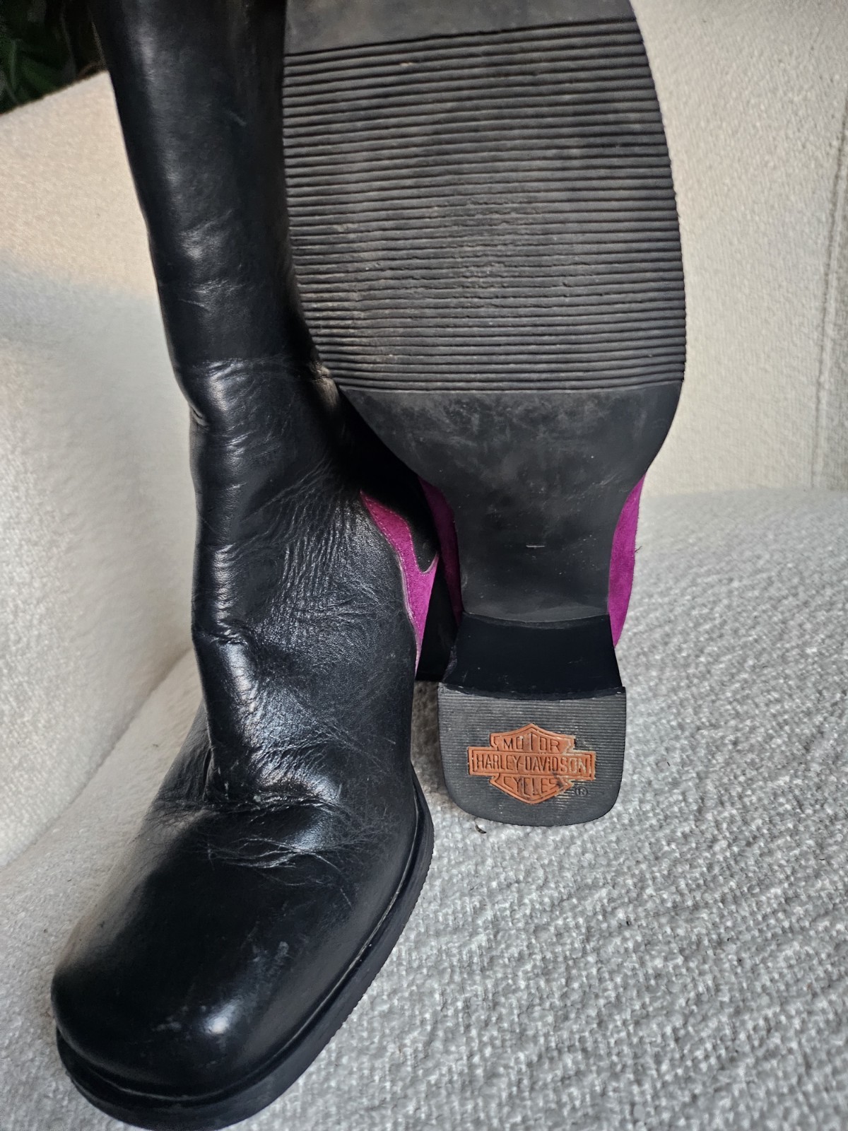 Harley-Davidson Black/Purple Leather Mid-Calf Biker Boots Zip, Women’s 9.5