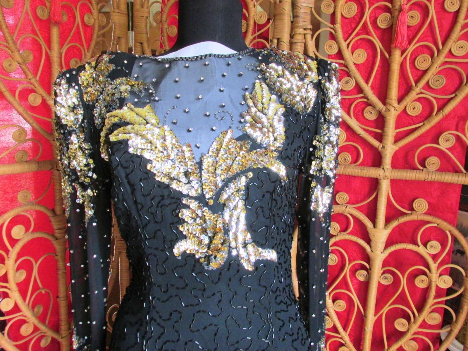 Niteline Black Silk Dress Silver & Gold Sequins Rhinestone Stud Sheer Neck SZ 4